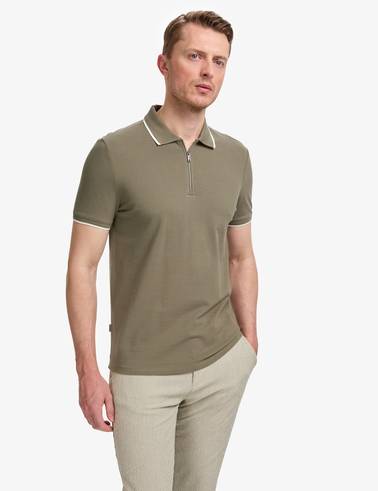 Haki Slim Fit %100 Pamuk Fermuarlı Polo Yaka Tişört
