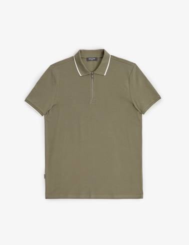 Haki Slim Fit %100 Pamuk Fermuarlı Polo Yaka Tişört