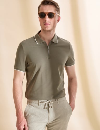 Haki Slim Fit %100 Pamuk Fermuarlı Polo Yaka Tişört