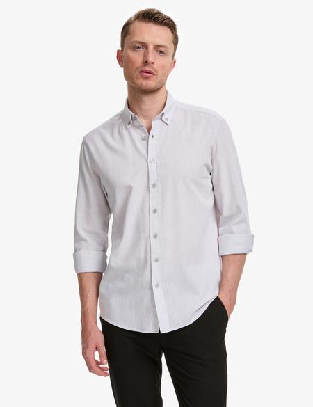 Açık Gri Keten Karışımlı Regular Fit Uzun Kollu Gömlek - 50325356055