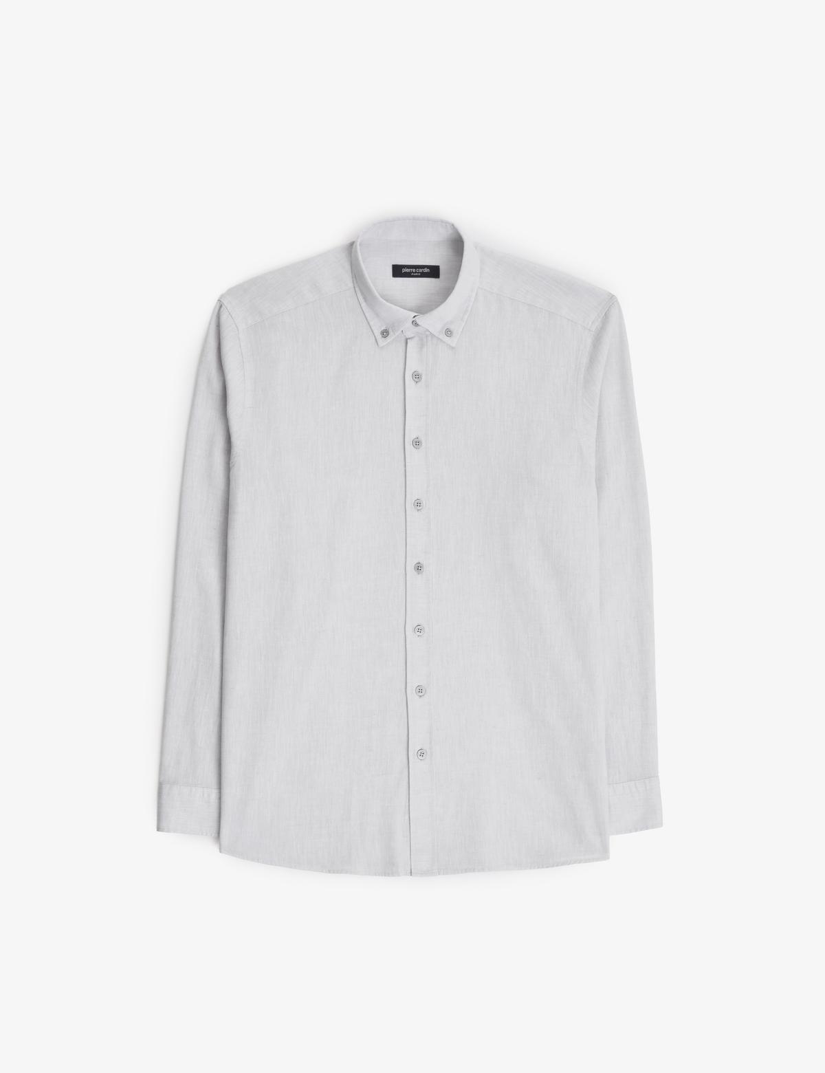 Açık Gri Keten Karışımlı Regular Fit Uzun Kollu Gömlek - 50325356055