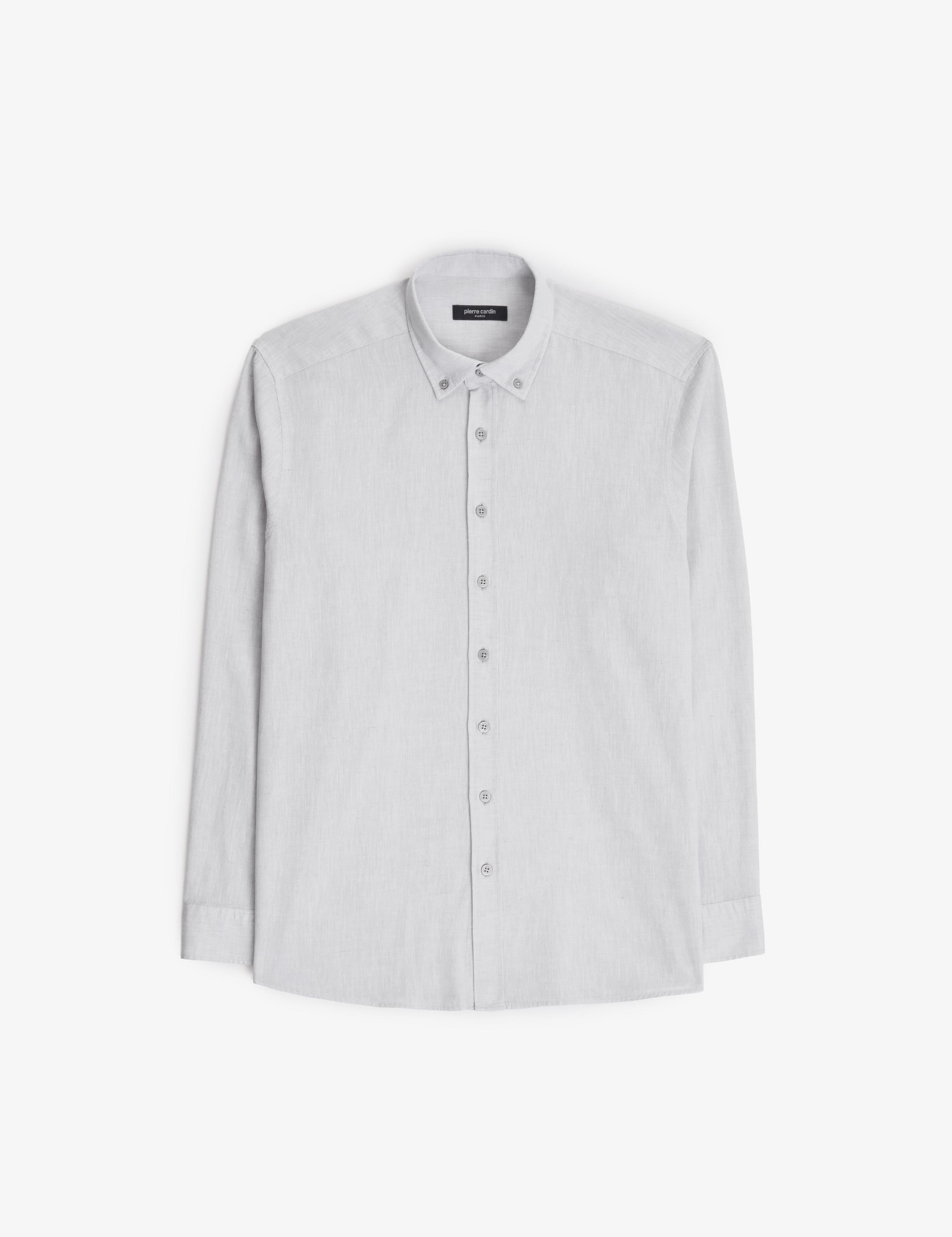 Açık Gri Keten Karışımlı Regular Fit Uzun Kollu Gömlek