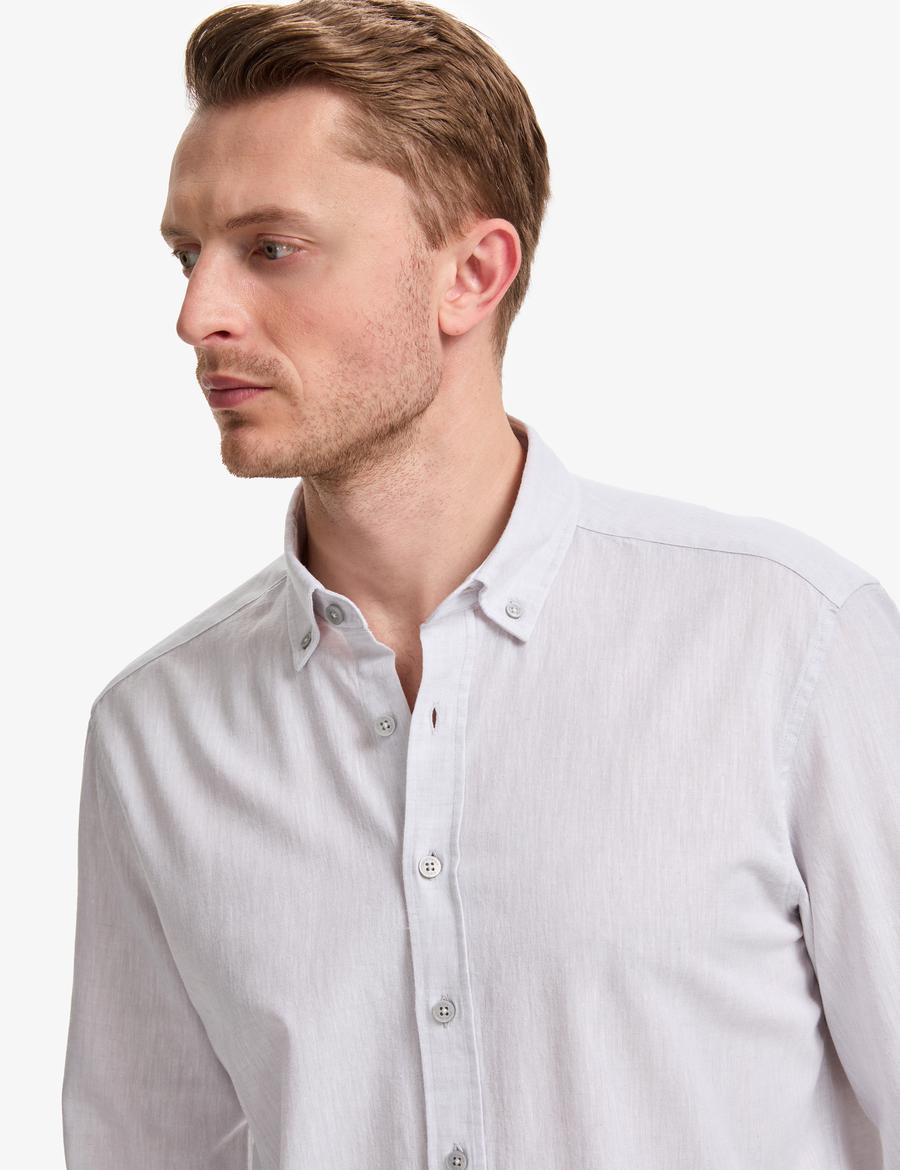 Açık Gri Keten Karışımlı Regular Fit Uzun Kollu Gömlek
