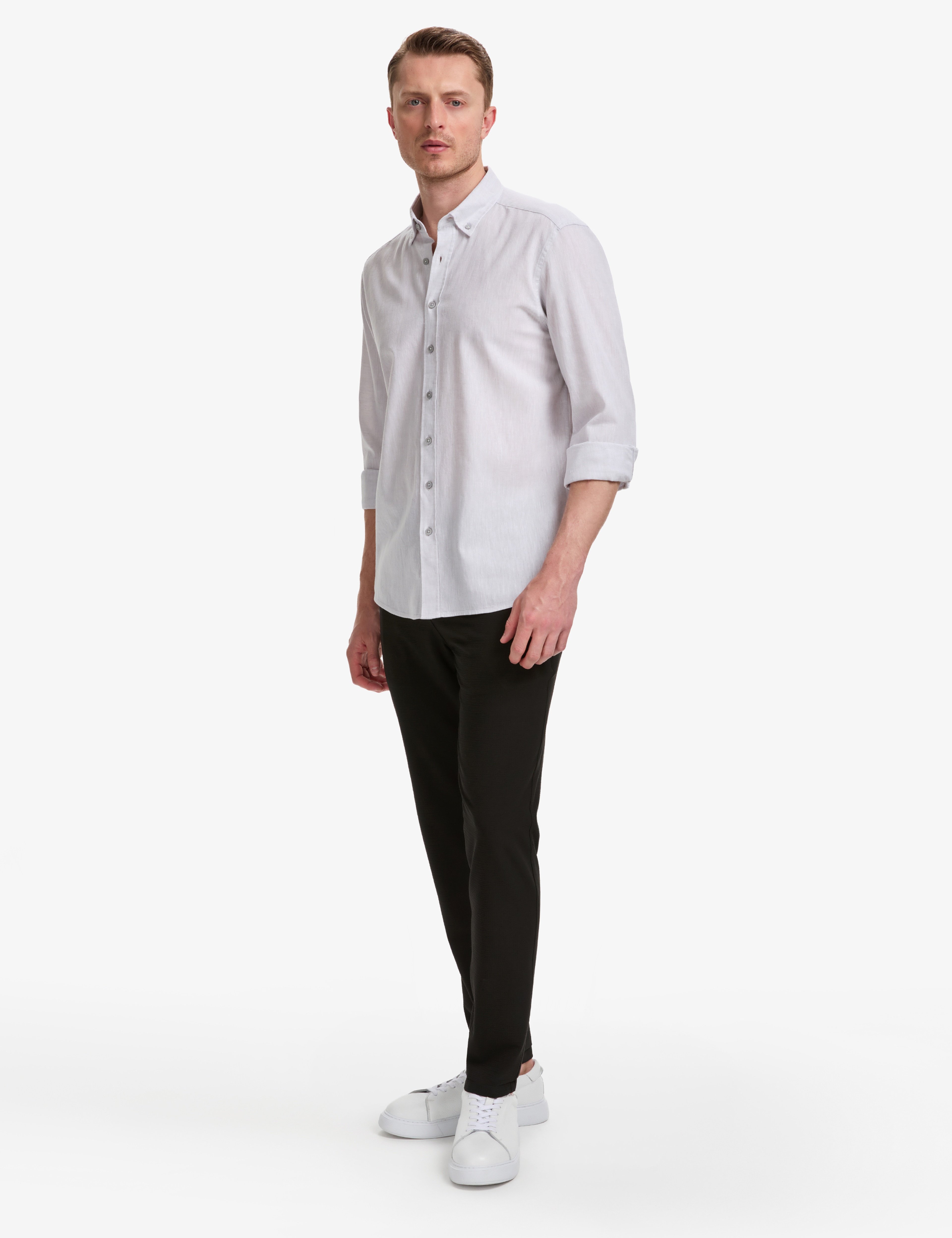 Açık Gri Keten Karışımlı Regular Fit Uzun Kollu Gömlek - Image 5