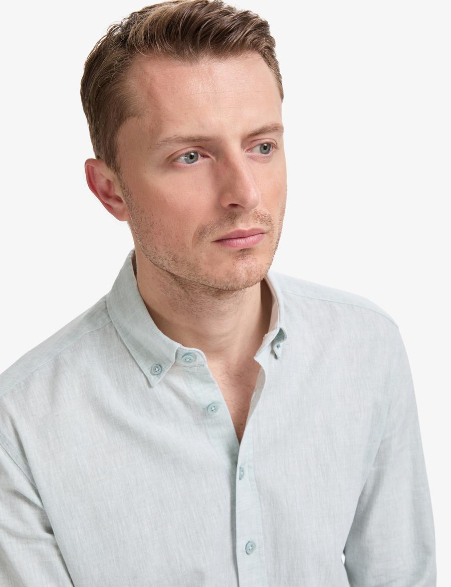 Su Yeşili Keten Karışımlı Regular Fit Uzun Kollu Gömlek