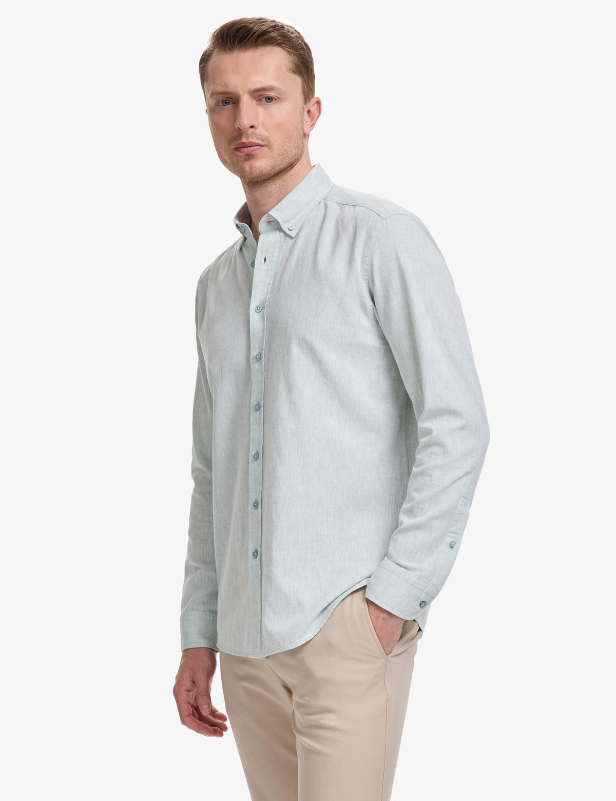 Su Yeşili Keten Karışımlı Regular Fit Uzun Kollu Gömlek - 50325356078