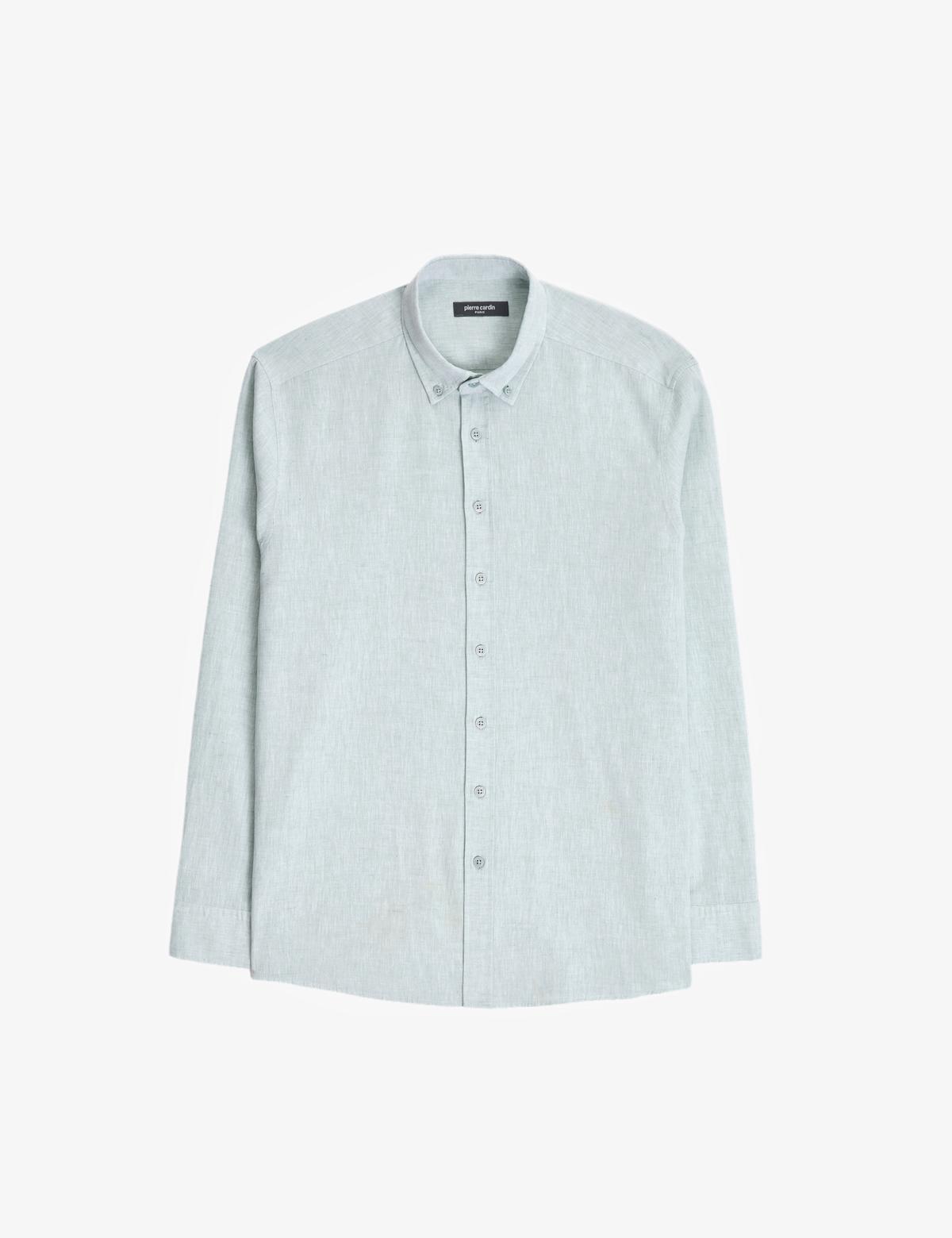 Su Yeşili Keten Karışımlı Regular Fit Uzun Kollu Gömlek - 50325356078