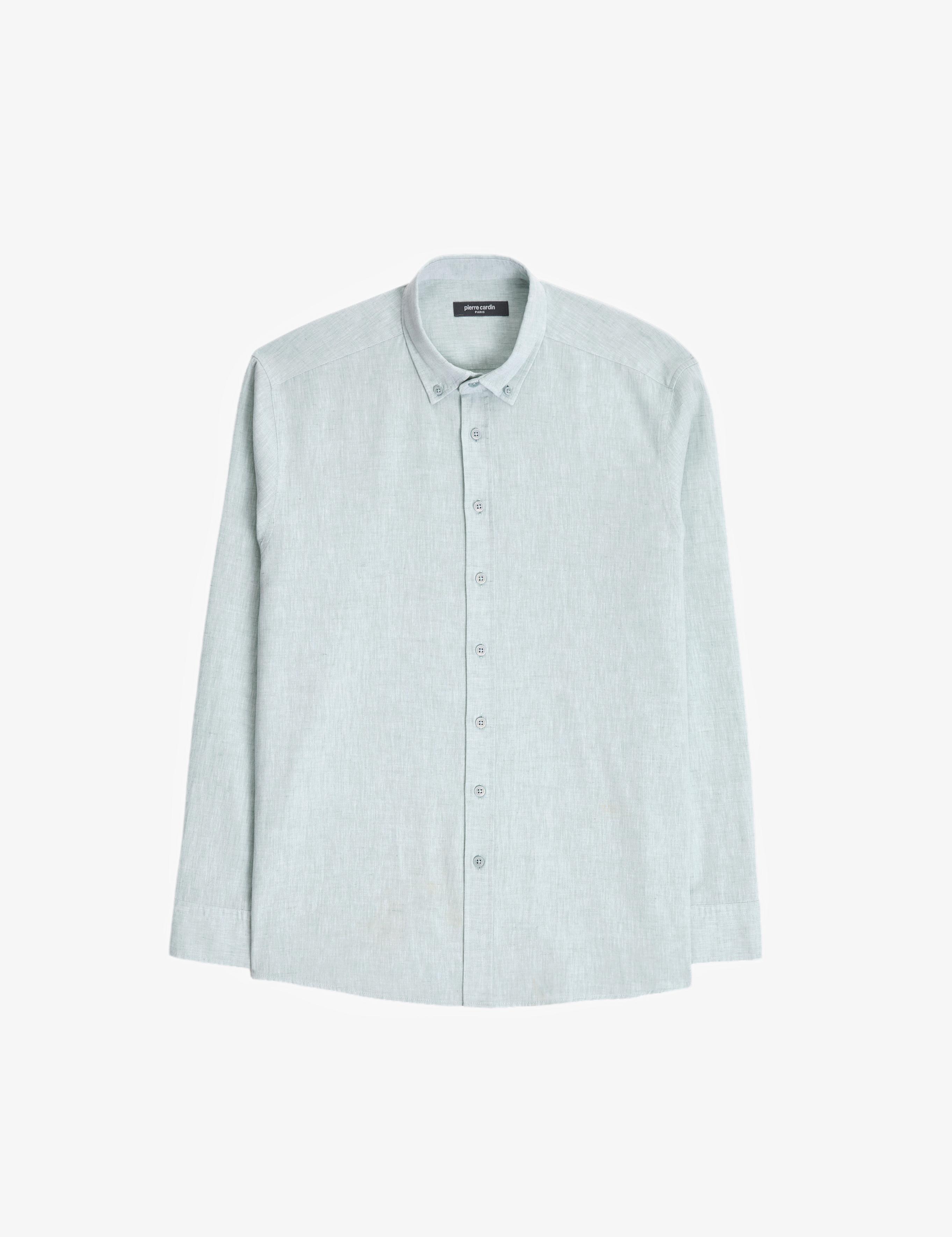 Su Yeşili Keten Karışımlı Regular Fit Uzun Kollu Gömlek