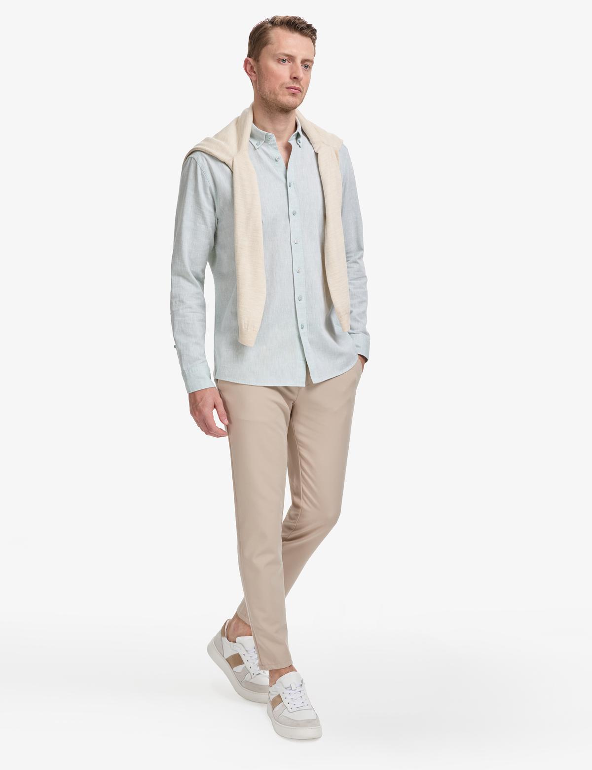 Su Yeşili Keten Karışımlı Regular Fit Uzun Kollu Gömlek - 50325356078