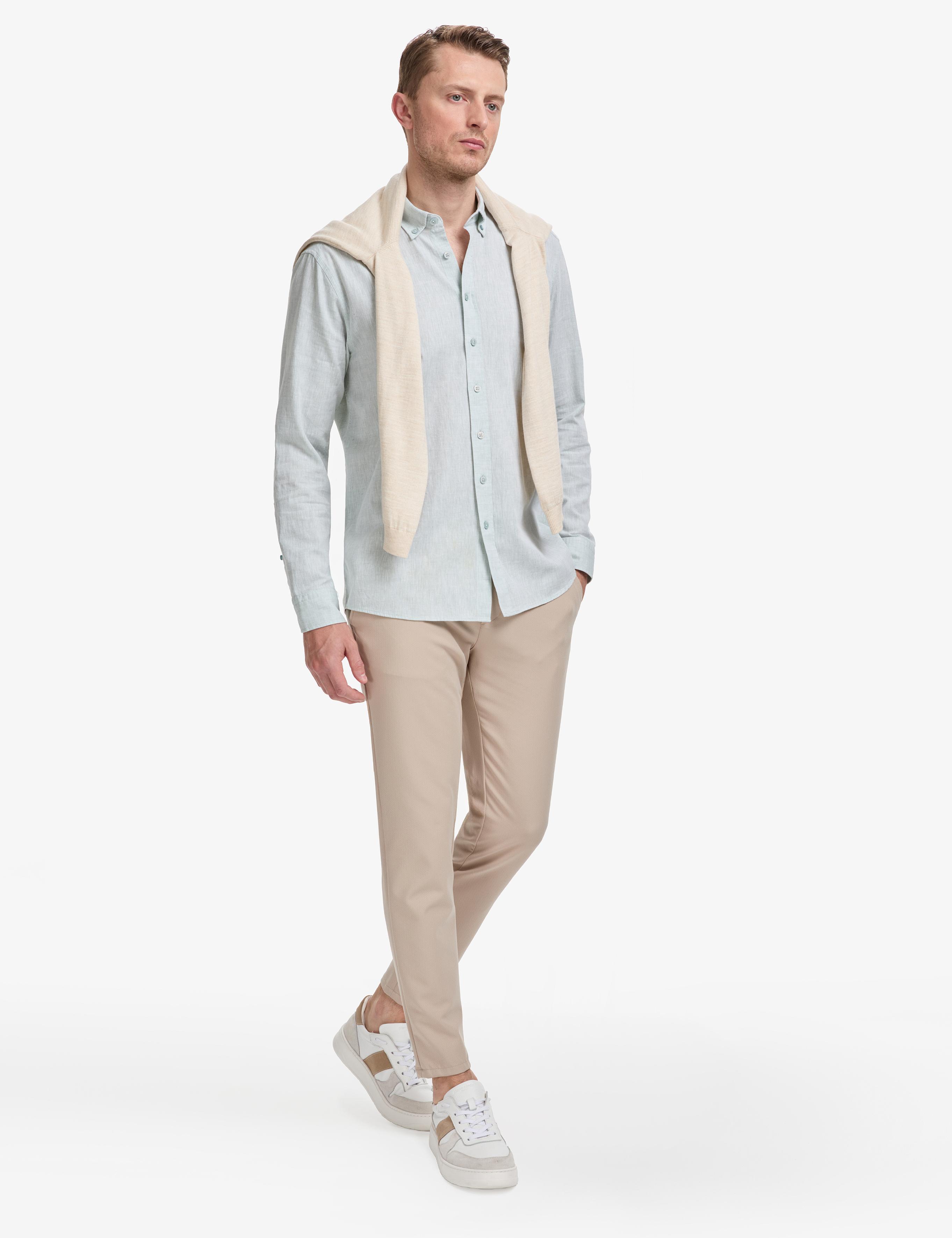 Su Yeşili Keten Karışımlı Regular Fit Uzun Kollu Gömlek