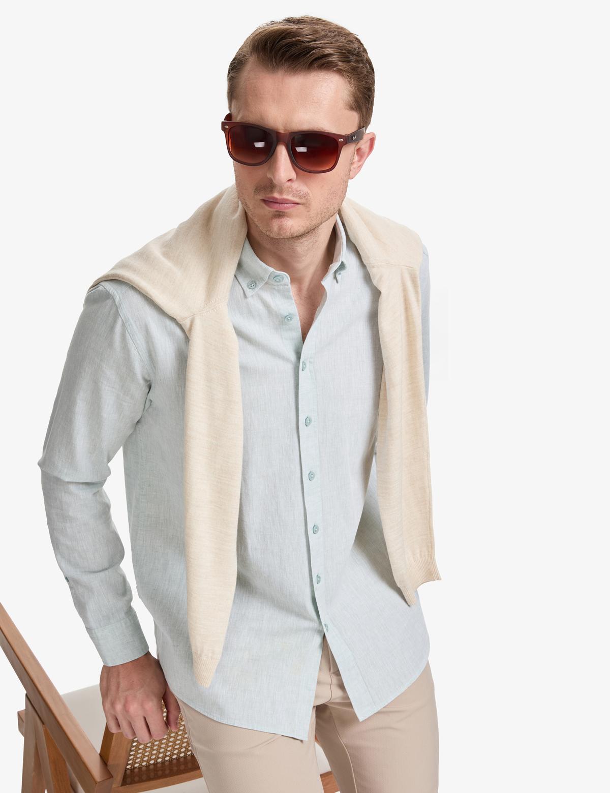 Su Yeşili Keten Karışımlı Regular Fit Uzun Kollu Gömlek