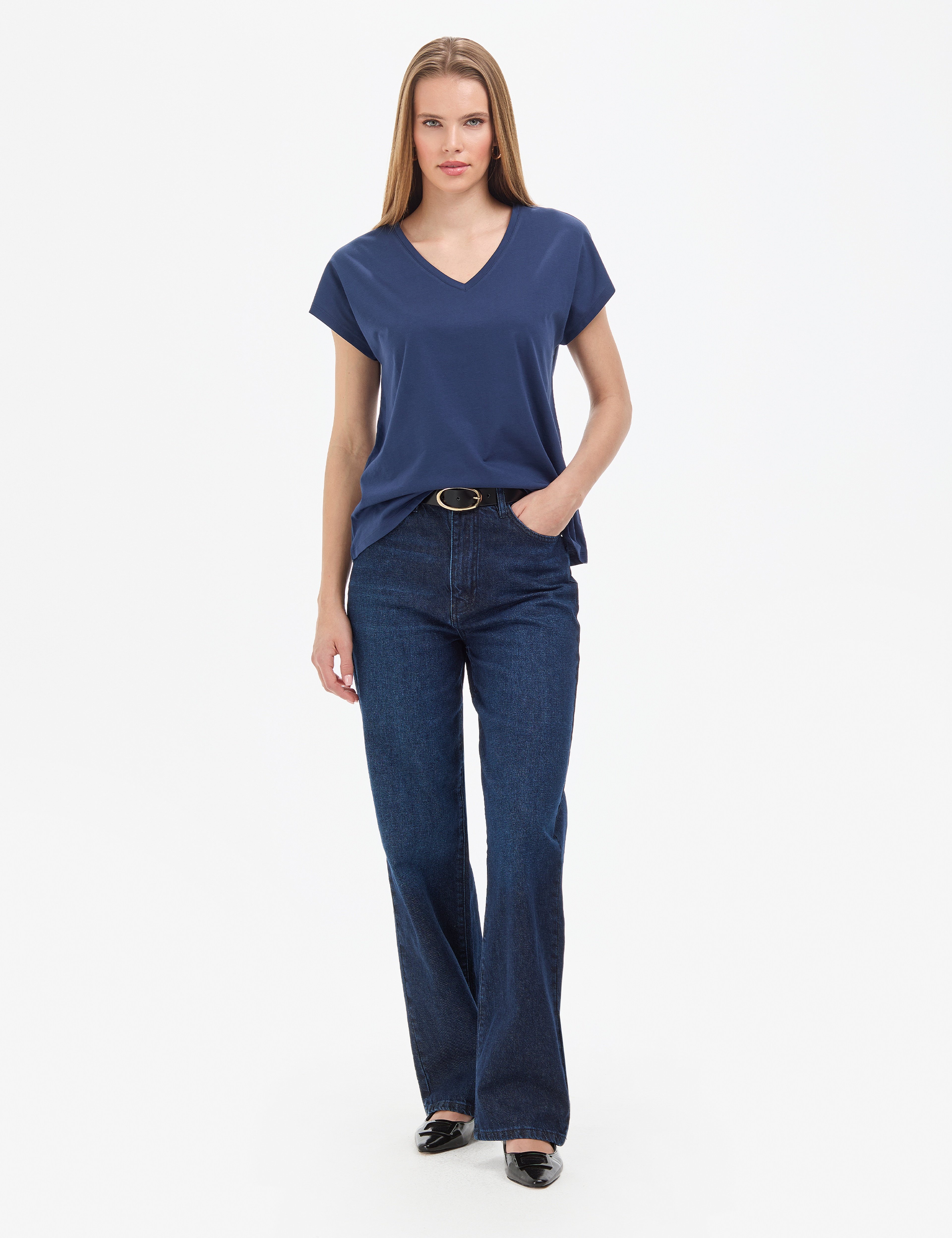 Lacivert Regular Fit V Yaka Basic Tişört