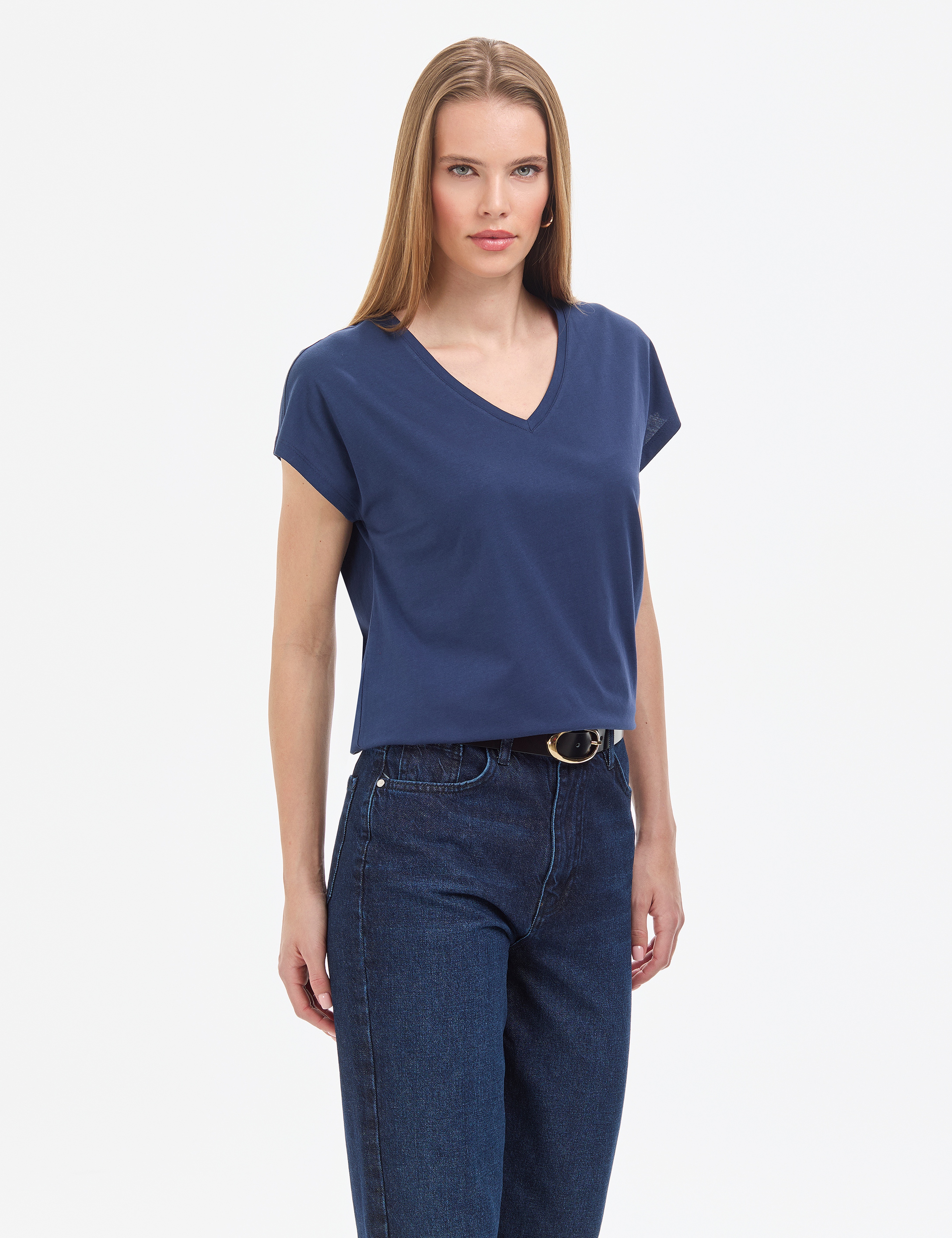 Lacivert Regular Fit V Yaka Basic Tişört - Image 3
