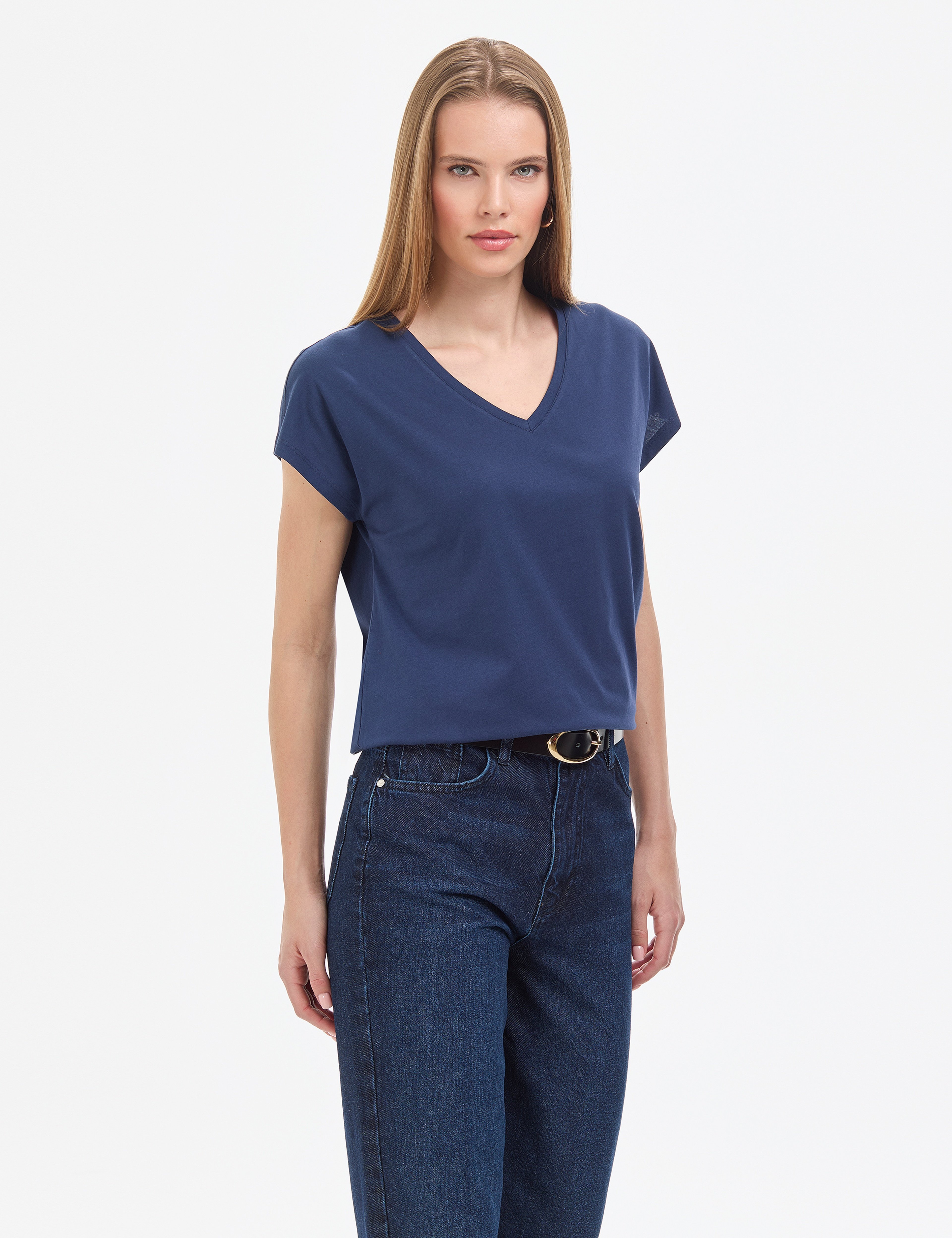 Lacivert Regular Fit V Yaka Basic Tişört