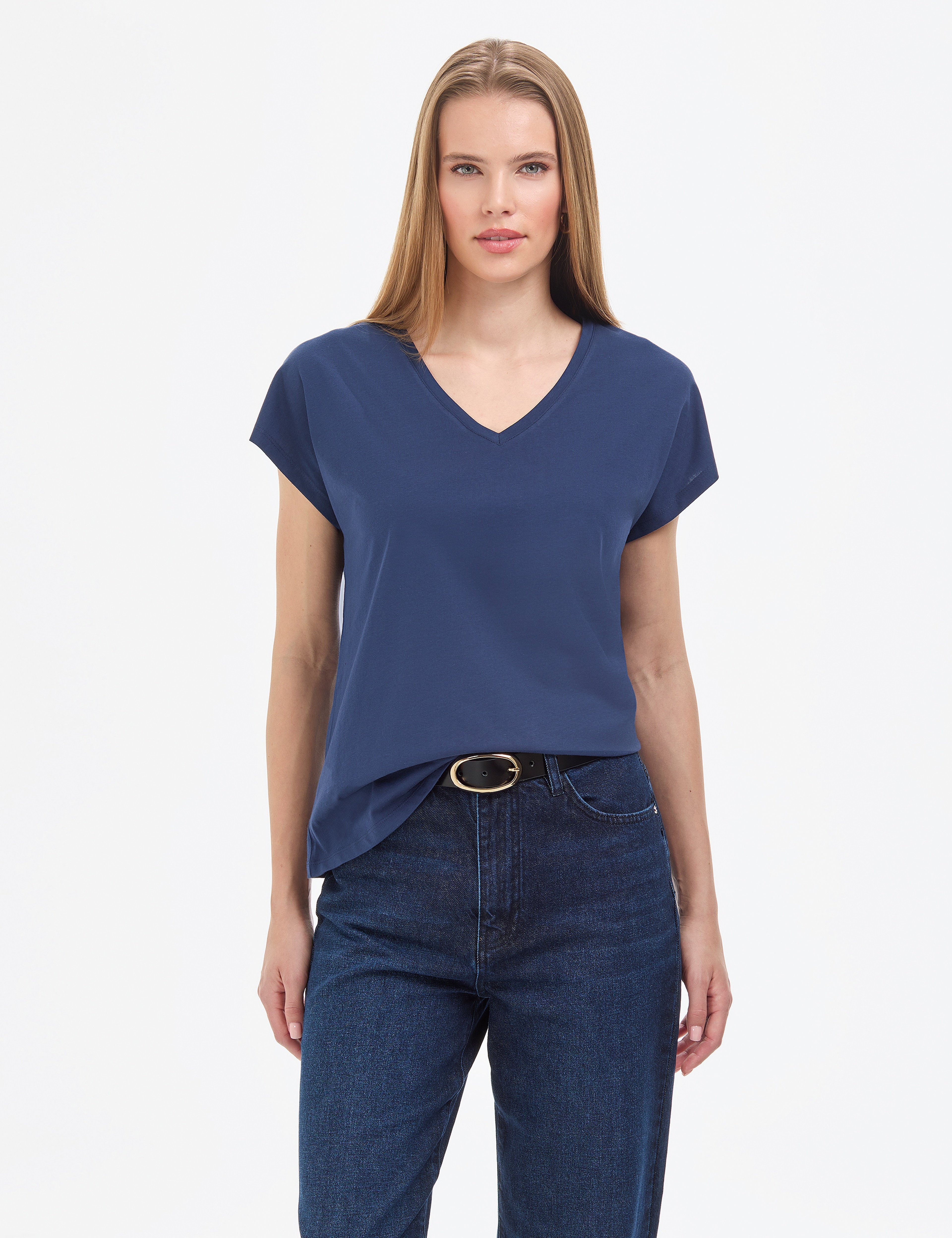 Lacivert Regular Fit V Yaka Basic Tişört