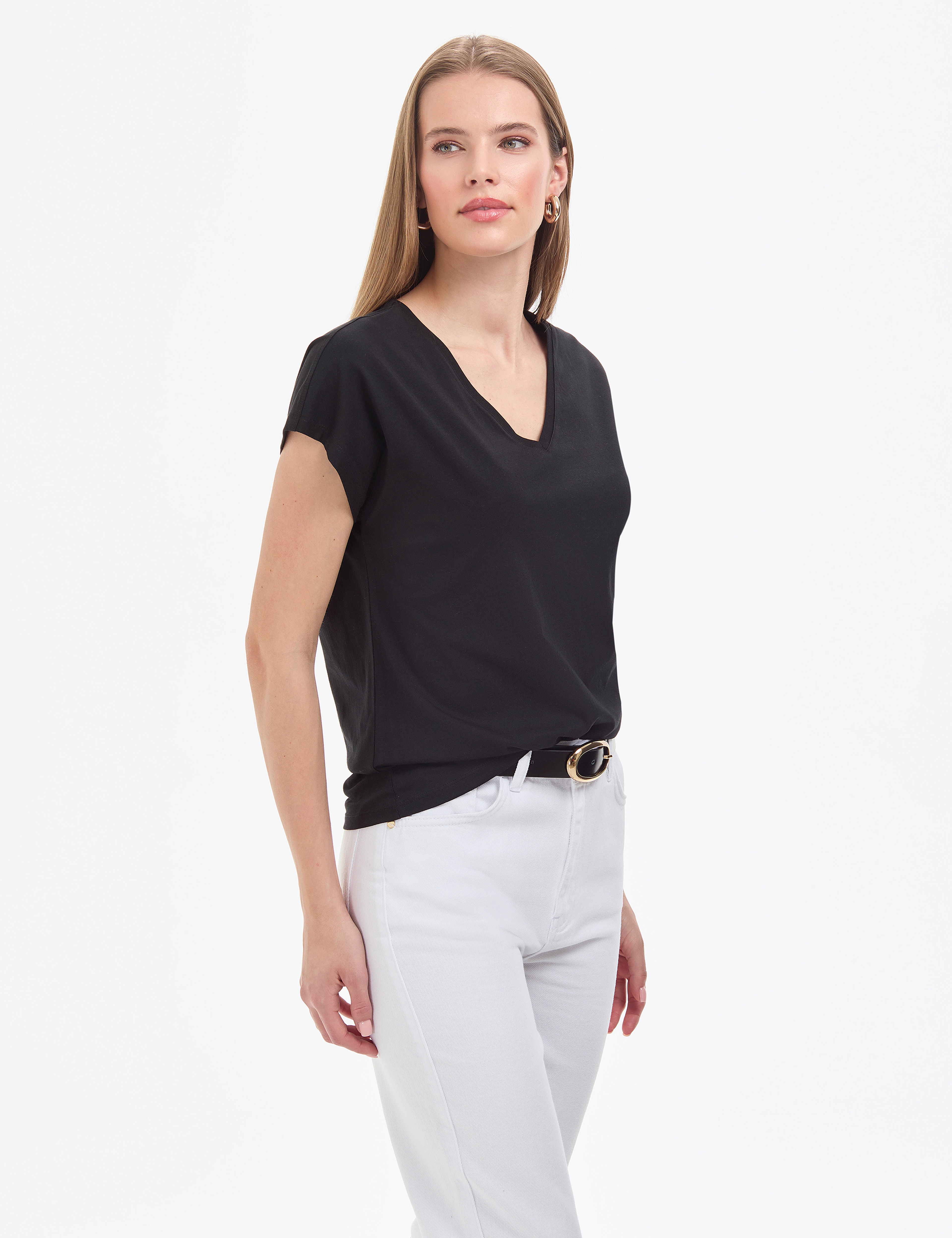 Siyah Regular Fit V Yaka Basic Tişört
