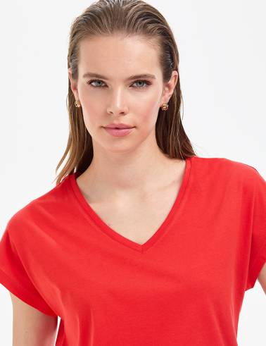Kırmızı Regular Fit V Yaka Basic Tişört
