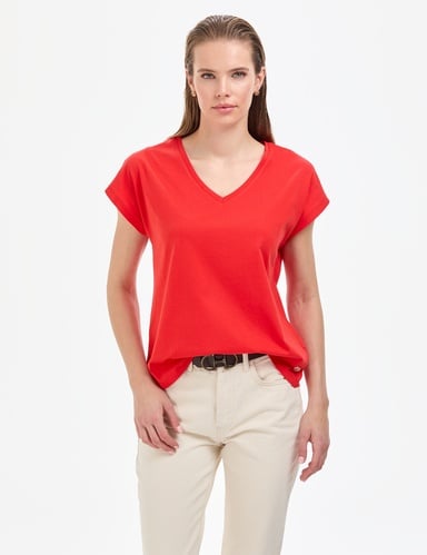 Kırmızı Regular Fit V Yaka Basic Tişört