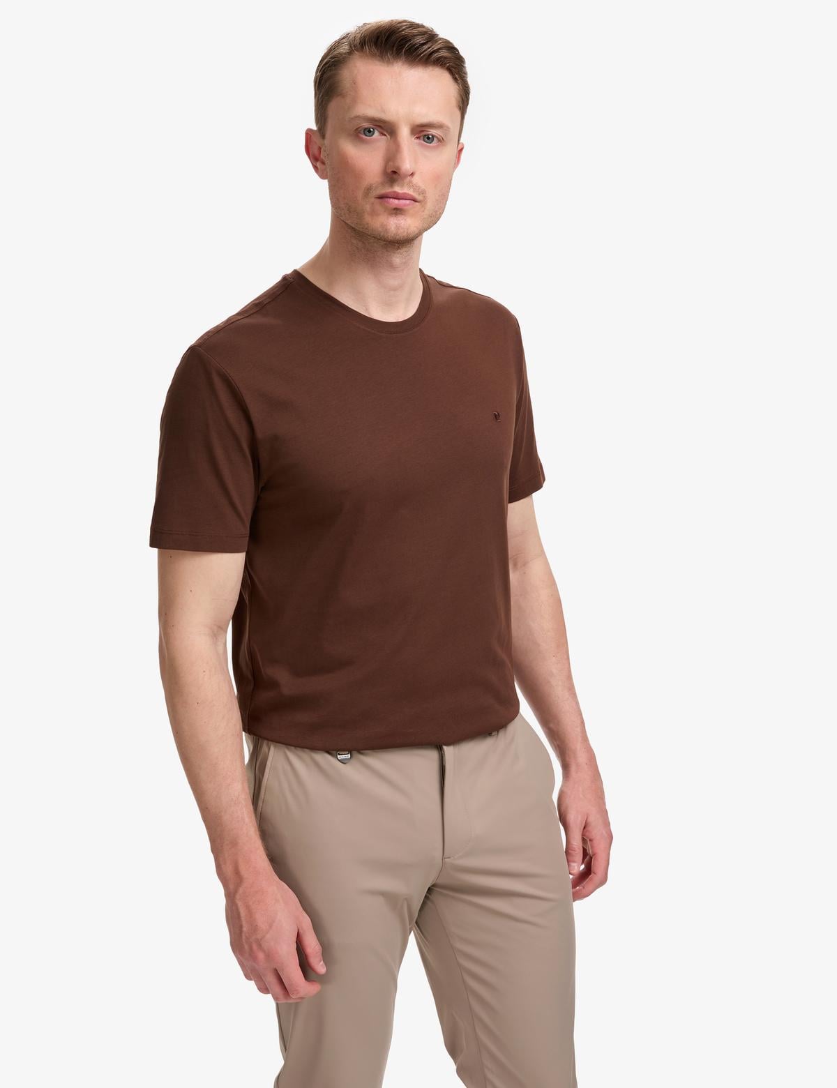 Koyu Kahverengi Regular Fit %100 Pamuk Bisiklet Yaka Basic Tişört - 50325299065