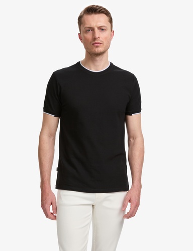 Siyah Slim Fit %100 Pamuk Bisiklet Yaka Tişört
