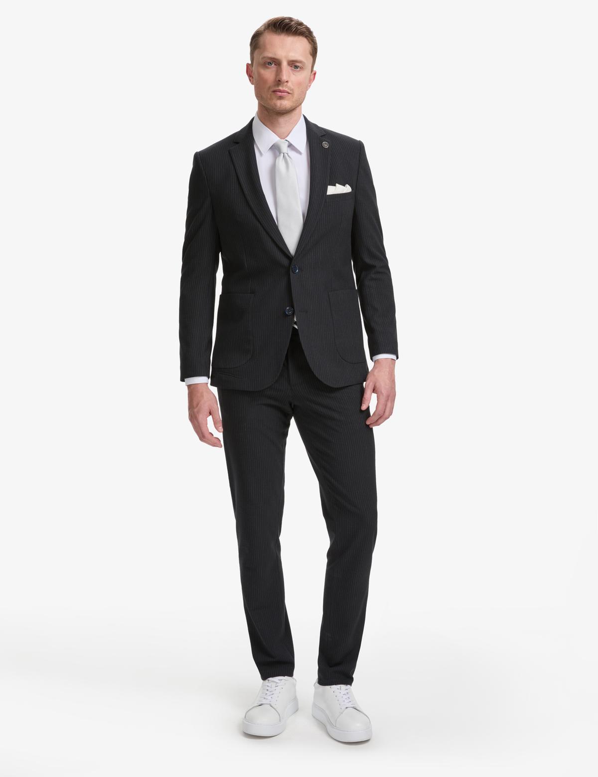 Lacivert Ex. Slim Fit Çizgili Takım Elbise