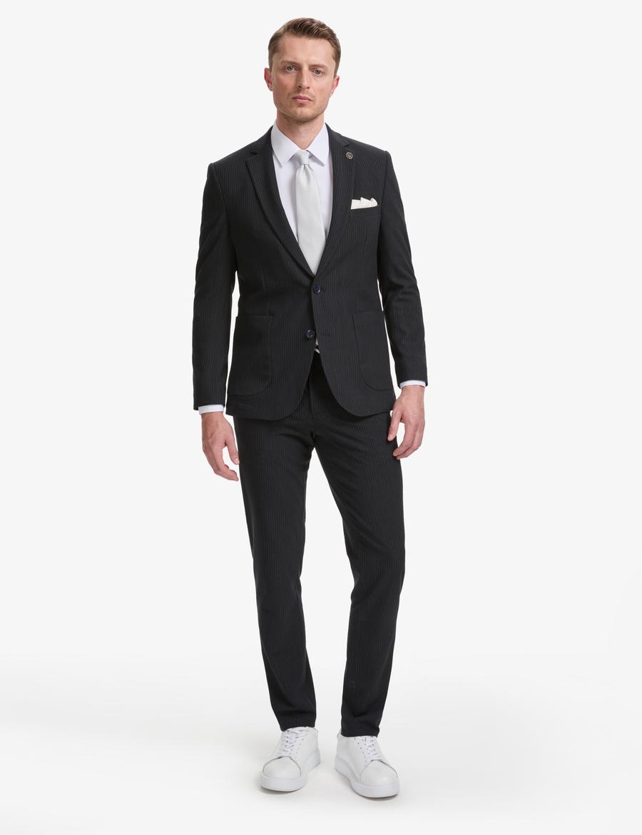 Lacivert Ex. Slim Fit Çizgili Takım Elbise