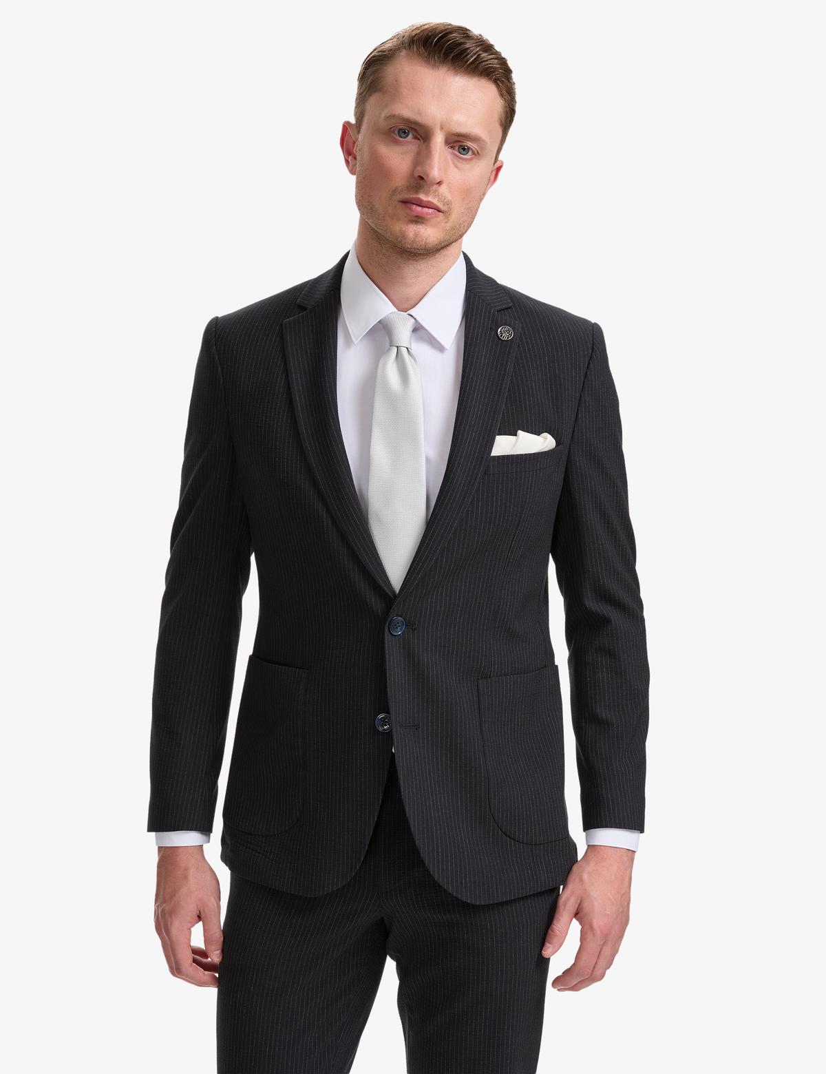 Lacivert Ex. Slim Fit Çizgili Takım Elbise - 50325229020