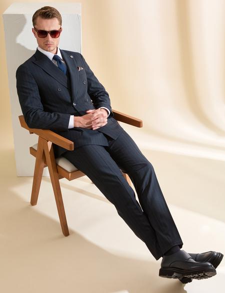 Lacivert Ex. Slim Fit Çizgili Kruvaze Takım Elbise - 50319630020