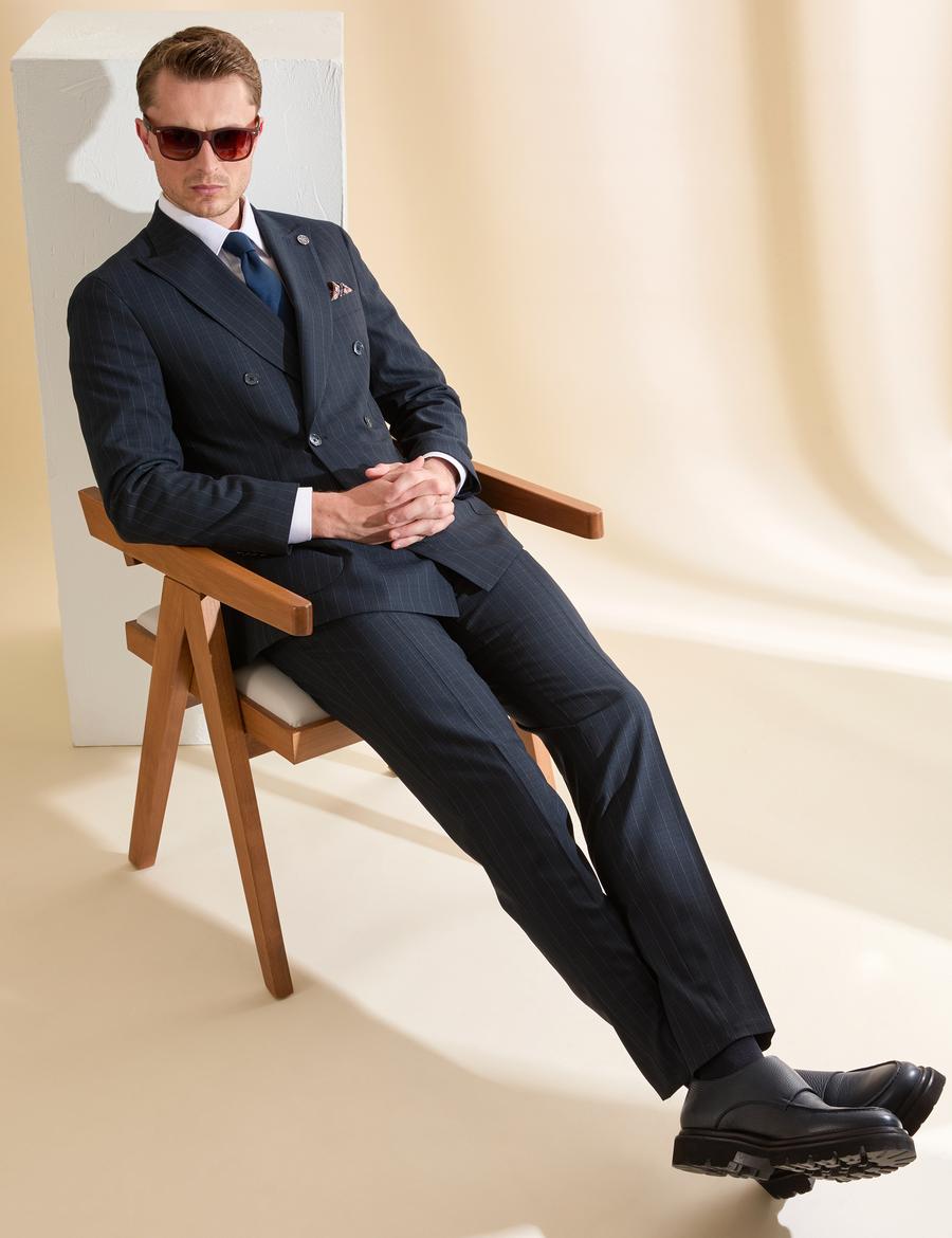 Lacivert Ex. Slim Fit Çizgili Kruvaze Takım Elbise