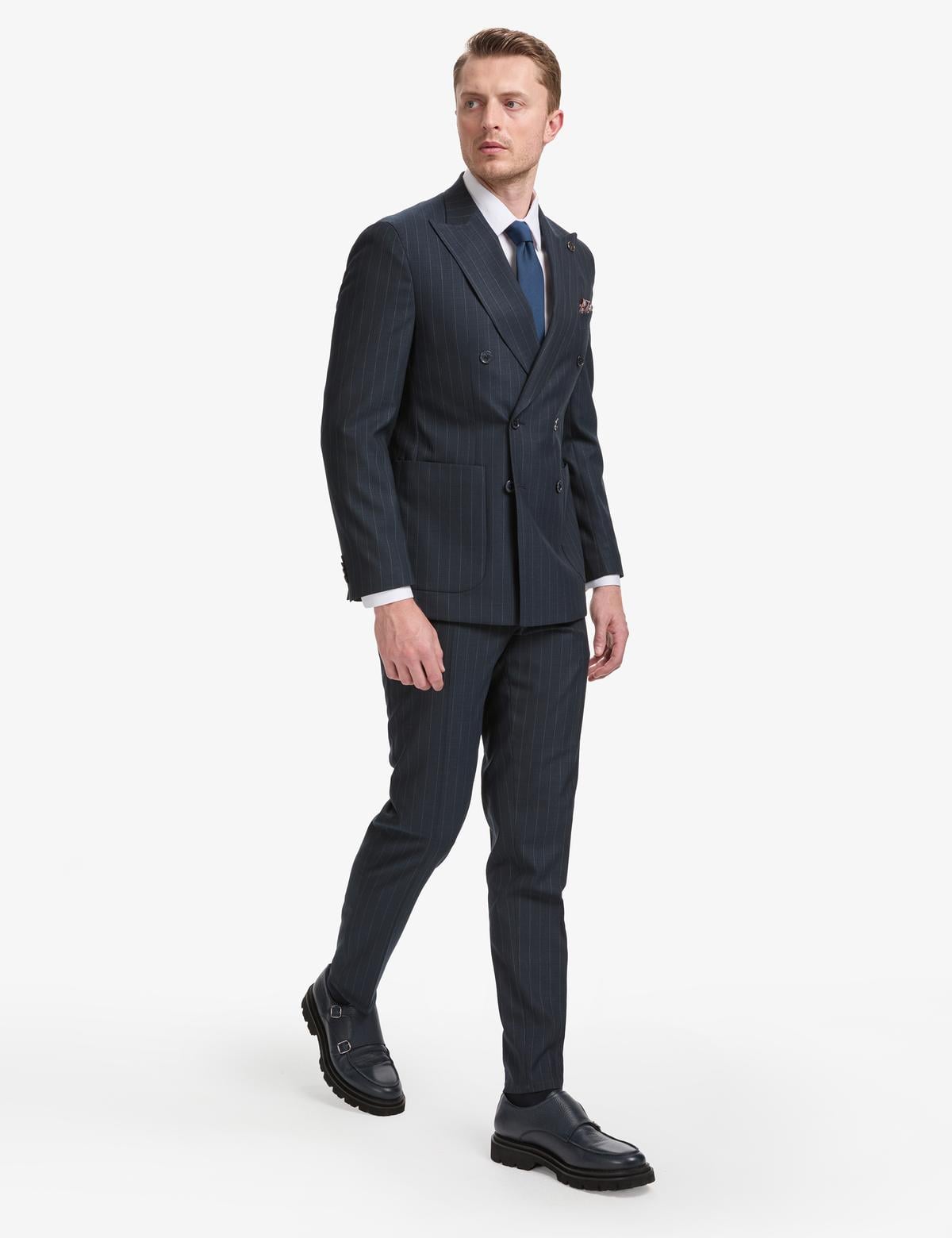 Lacivert Ex. Slim Fit Çizgili Kruvaze Takım Elbise - 50319630020