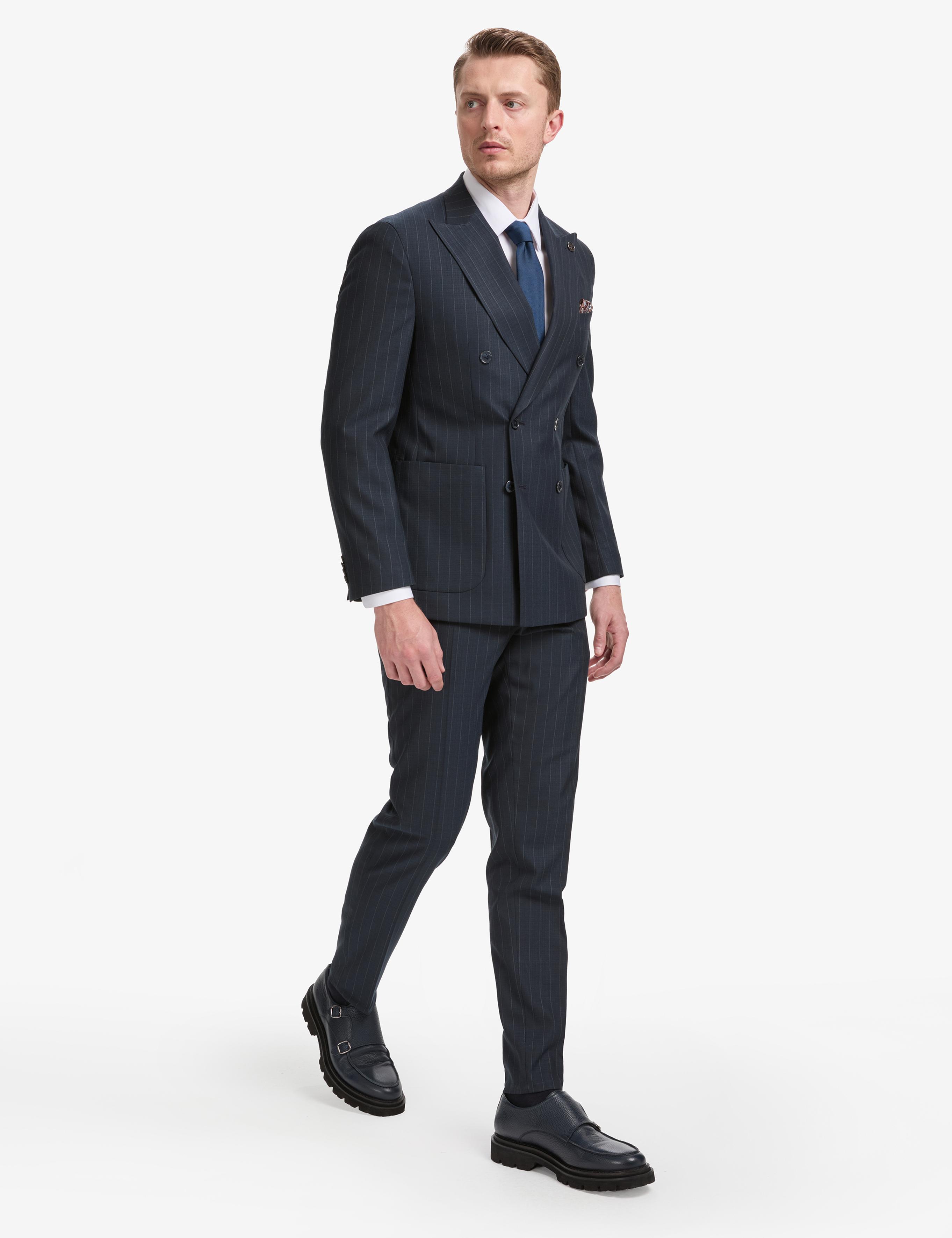 Lacivert Ex. Slim Fit Çizgili Kruvaze Takım Elbise