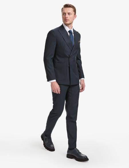 Lacivert Ex. Slim Fit Çizgili Kruvaze Takım Elbise - 50319630020