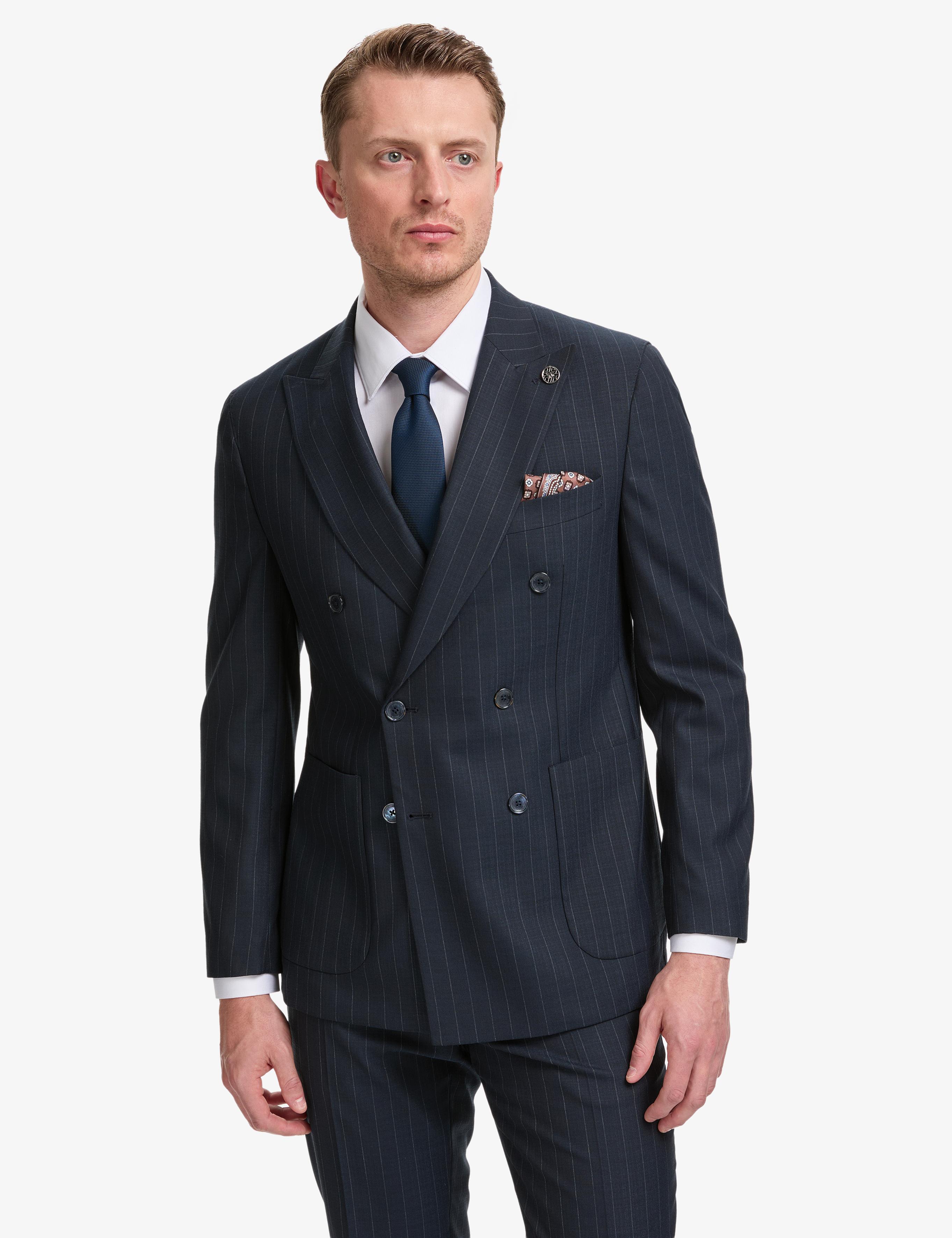 Lacivert Ex. Slim Fit Çizgili Kruvaze Takım Elbise
