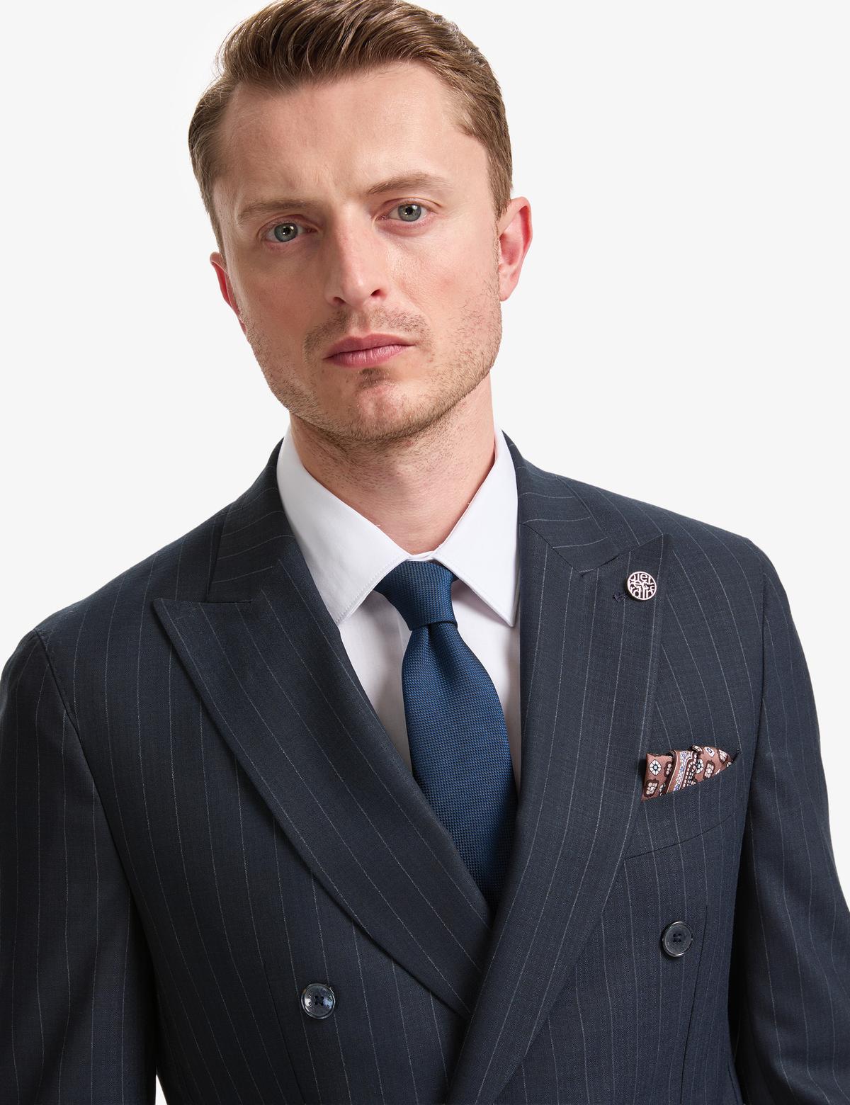 Lacivert Ex. Slim Fit Çizgili Kruvaze Takım Elbise - 50319630020