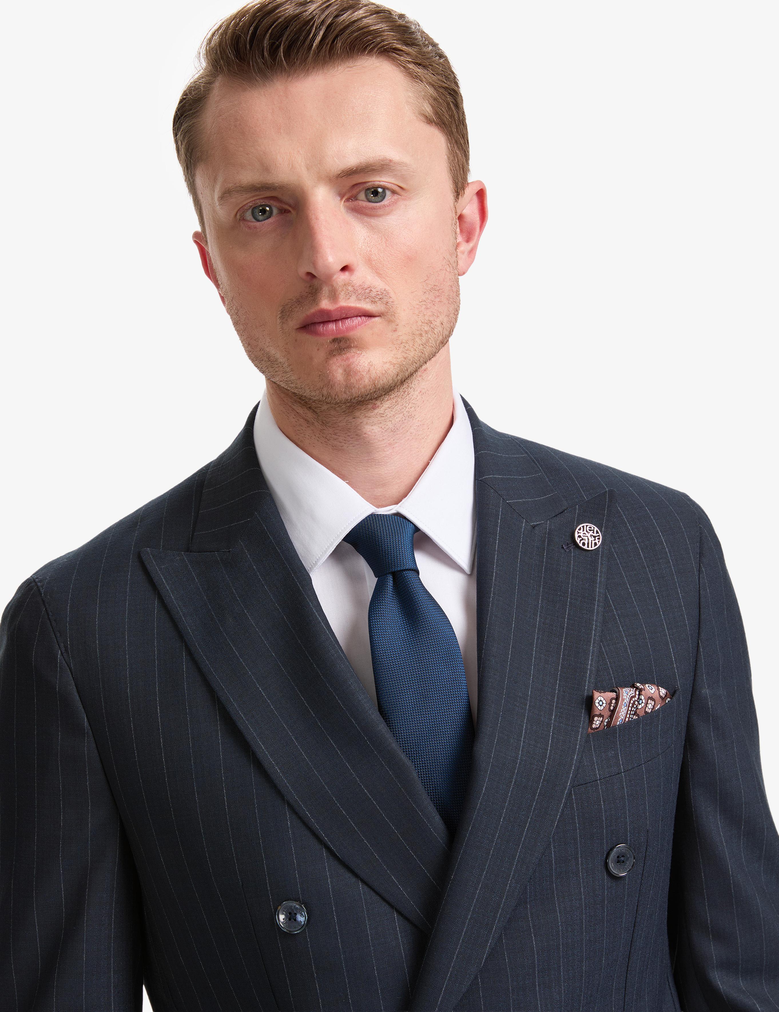 Lacivert Ex. Slim Fit Çizgili Kruvaze Takım Elbise