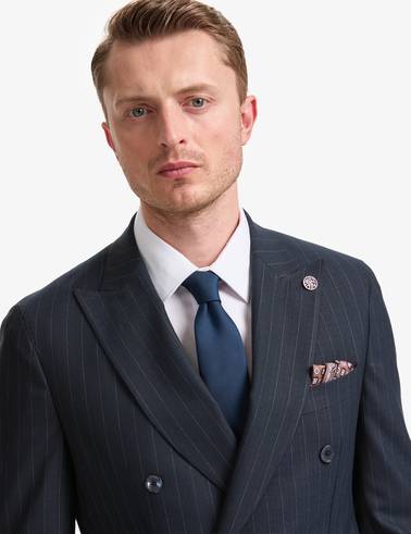 Lacivert Ex. Slim Fit Çizgili Kruvaze Takım Elbise
