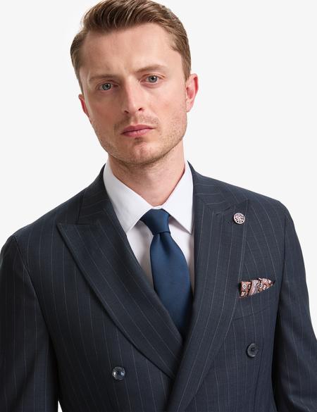 Lacivert Ex. Slim Fit Çizgili Kruvaze Takım Elbise - 50319630020