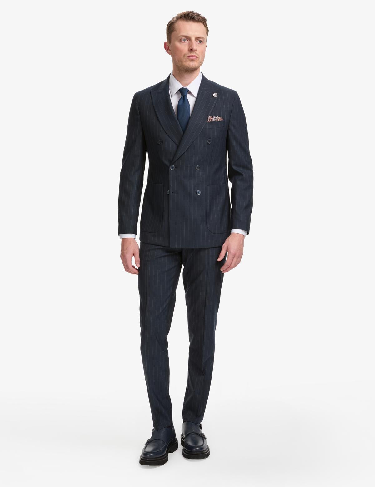 Lacivert Ex. Slim Fit Çizgili Kruvaze Takım Elbise - 50319630020