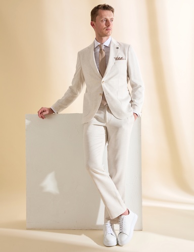 Bej Slim Fit Keten Karışımlı Takım Elbise