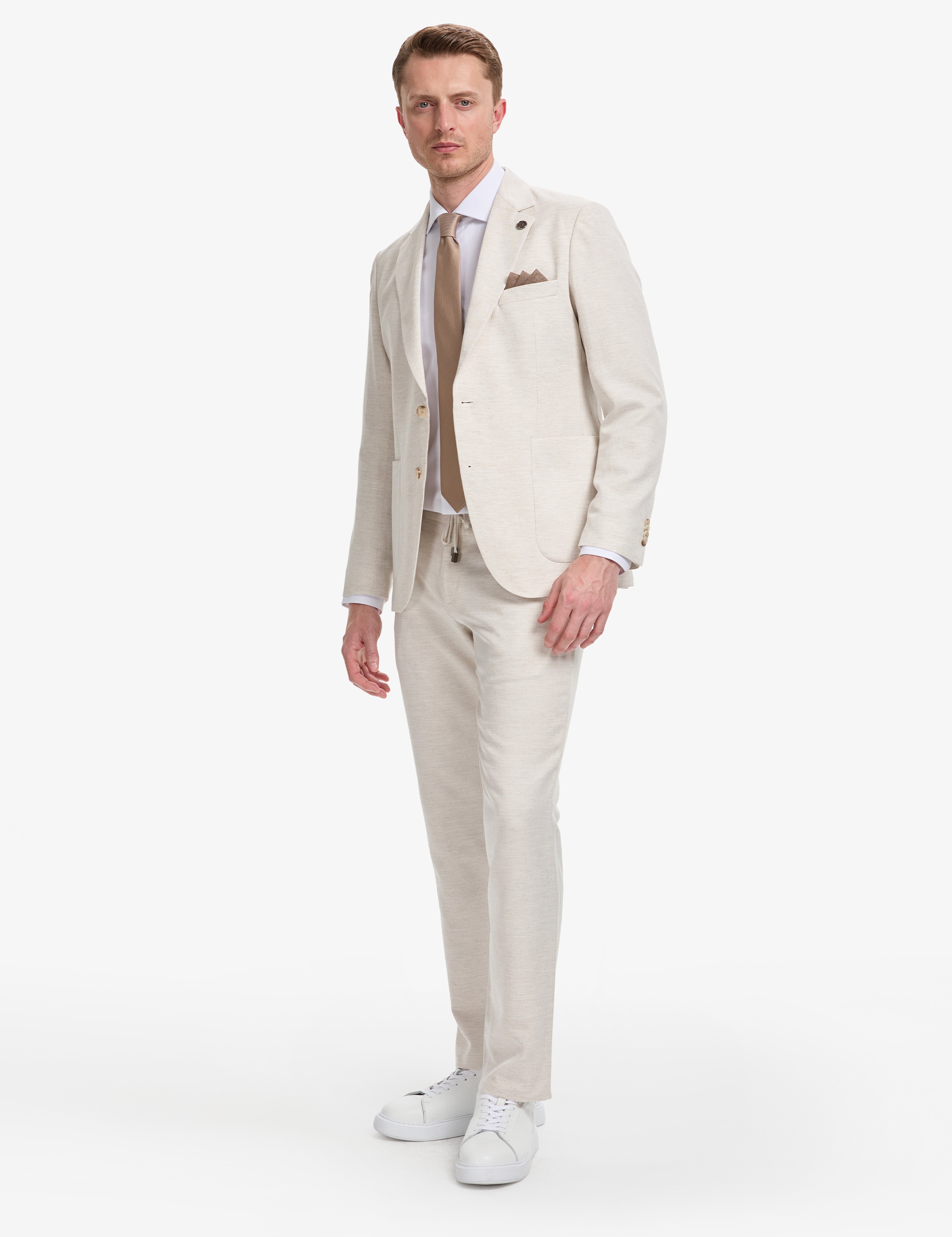 Bej Slim Fit Keten Karışımlı Takım Elbise