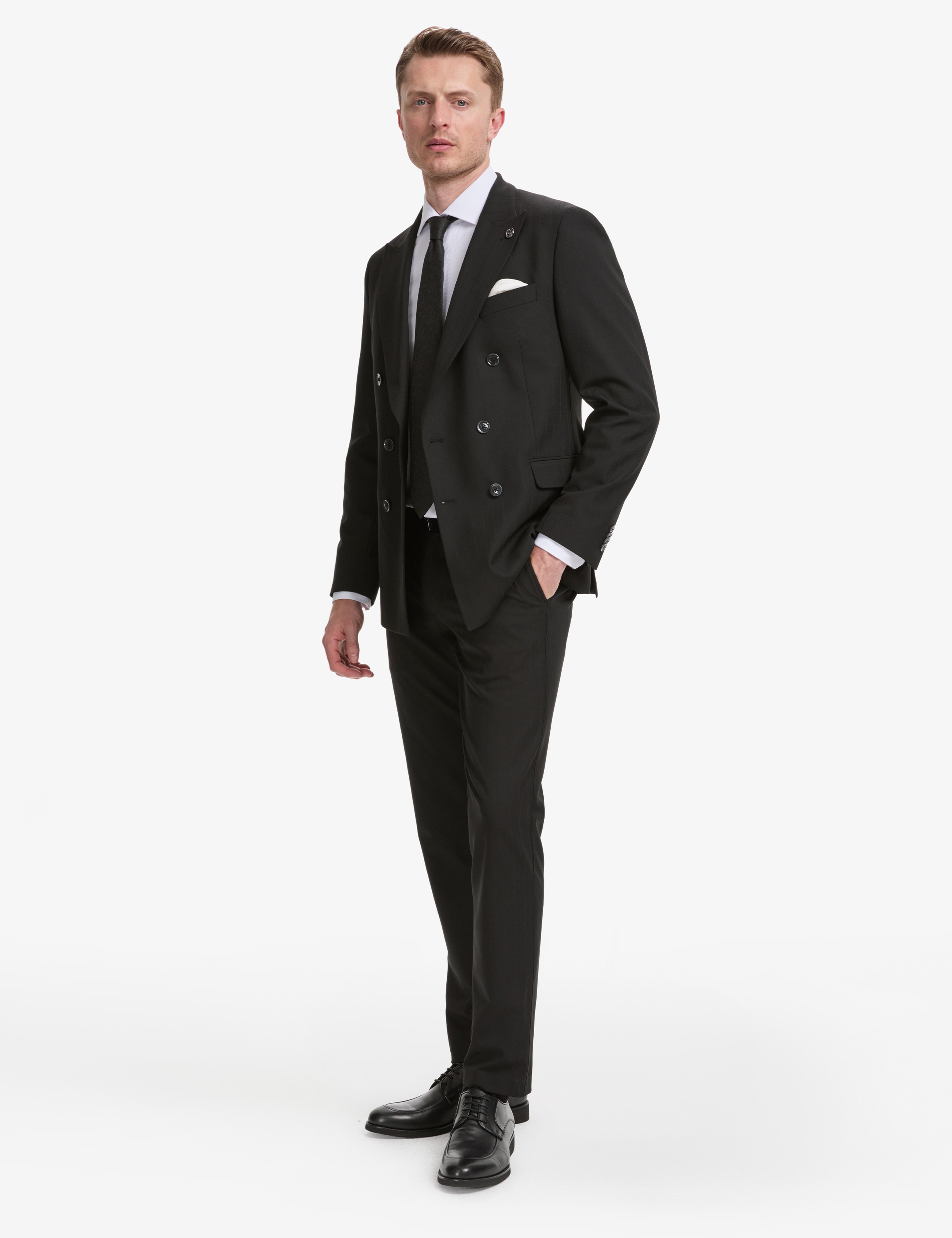 Siyah Extra Slim Fit Çizgili Kruvaze Takım Elbise - Image 4