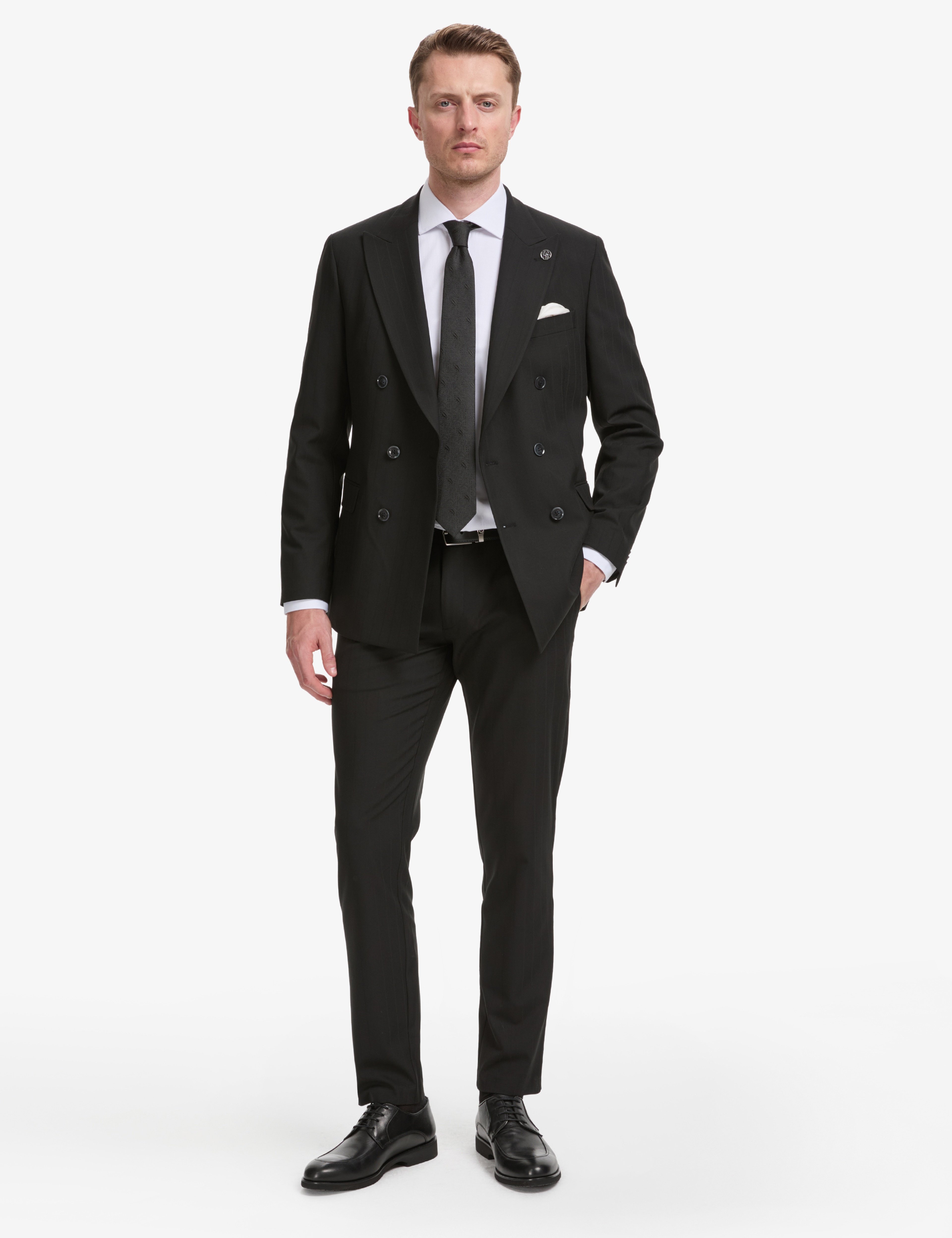 Siyah Extra Slim Fit Çizgili Kruvaze Takım Elbise - Image 2