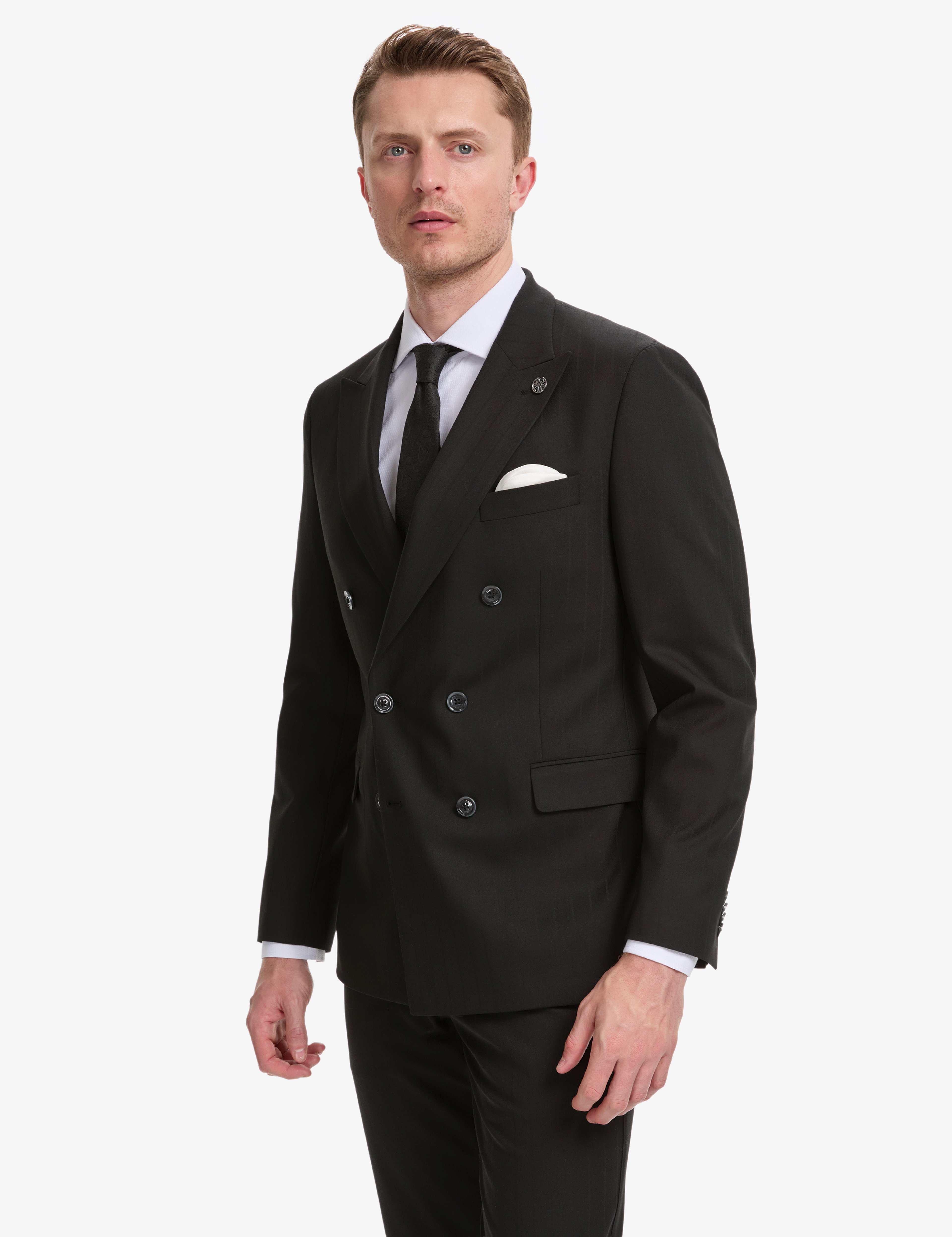 Siyah Extra Slim Fit Çizgili Kruvaze Takım Elbise