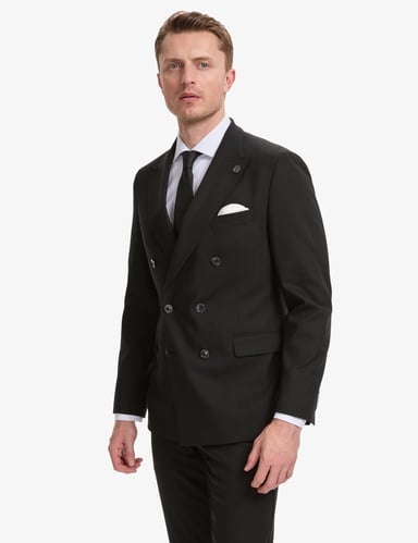 Siyah Extra Slim Fit Çizgili Kruvaze Takım Elbise