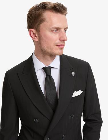 Siyah Ex. Slim Fit Çizgili Kruvaze Takım Elbise