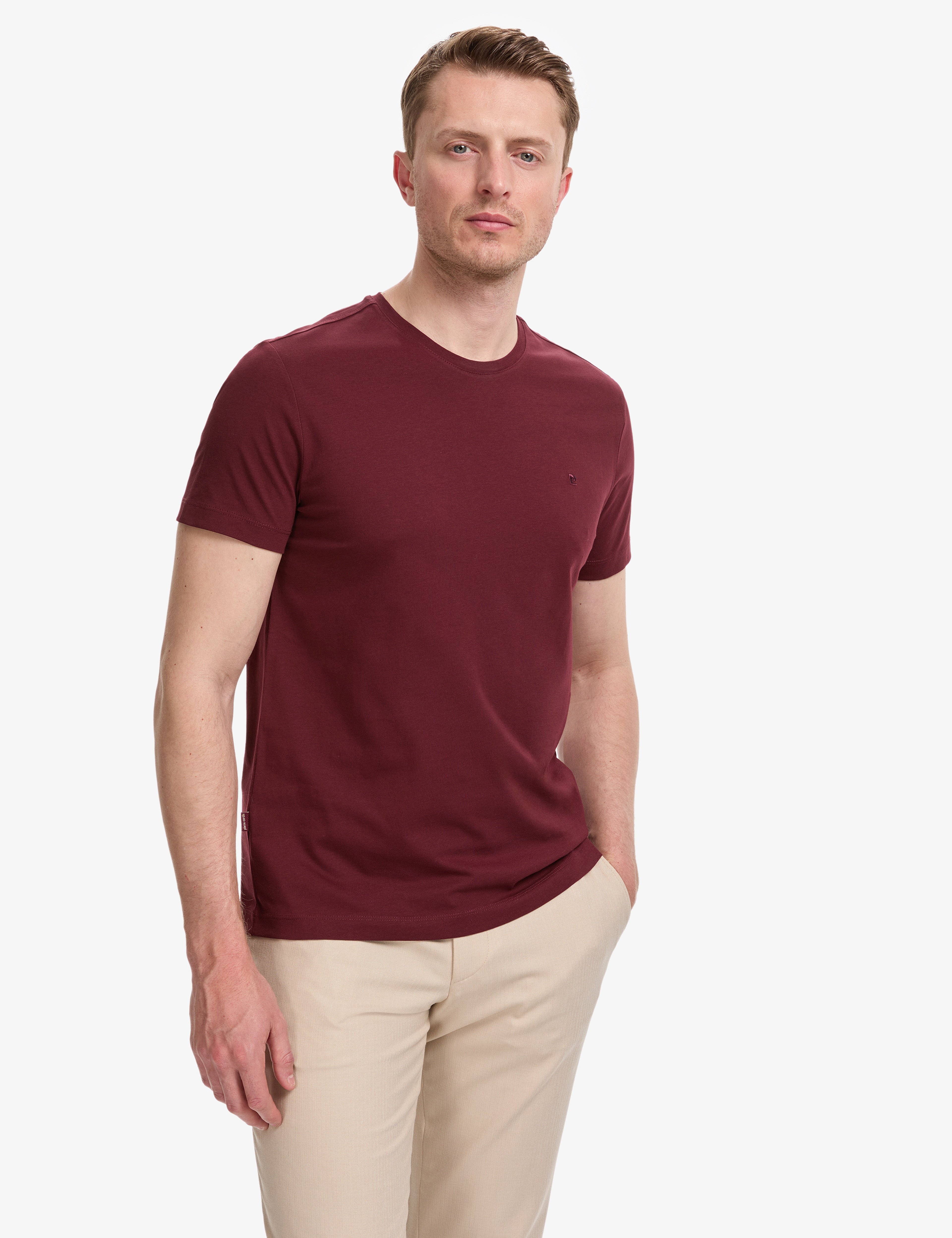 Bordo Slim Fit %100 Pamuk Bisiklet Yaka Basic Tişört - Image 1