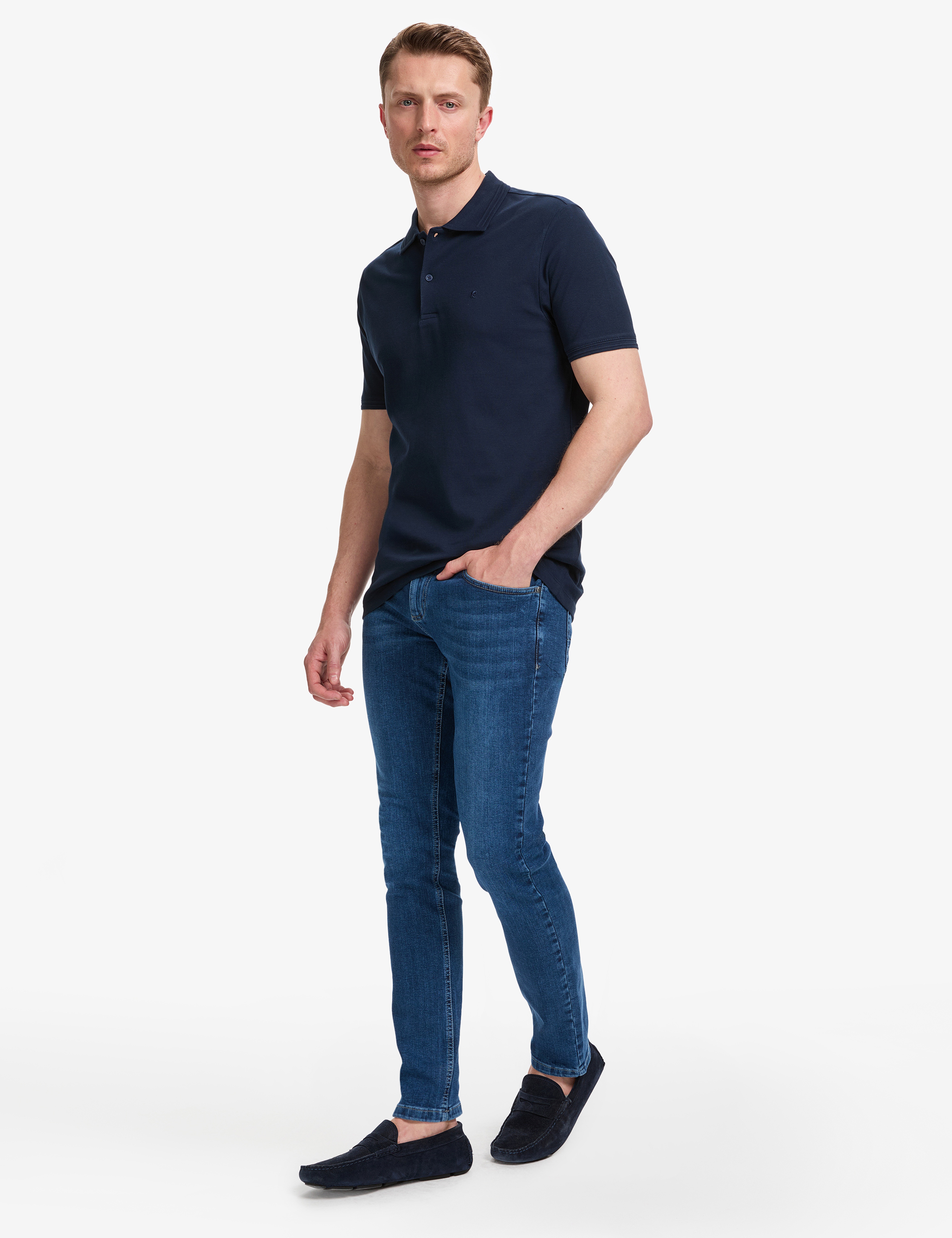 Lacivert Regular Fit %100 Pamuk Kıvrılmaz Düğmeli Polo Yaka Basic Tişört