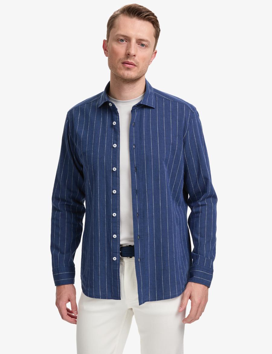 Lacivert Keten Karışımlı Regular Fit Uzun Kollu Gömlek