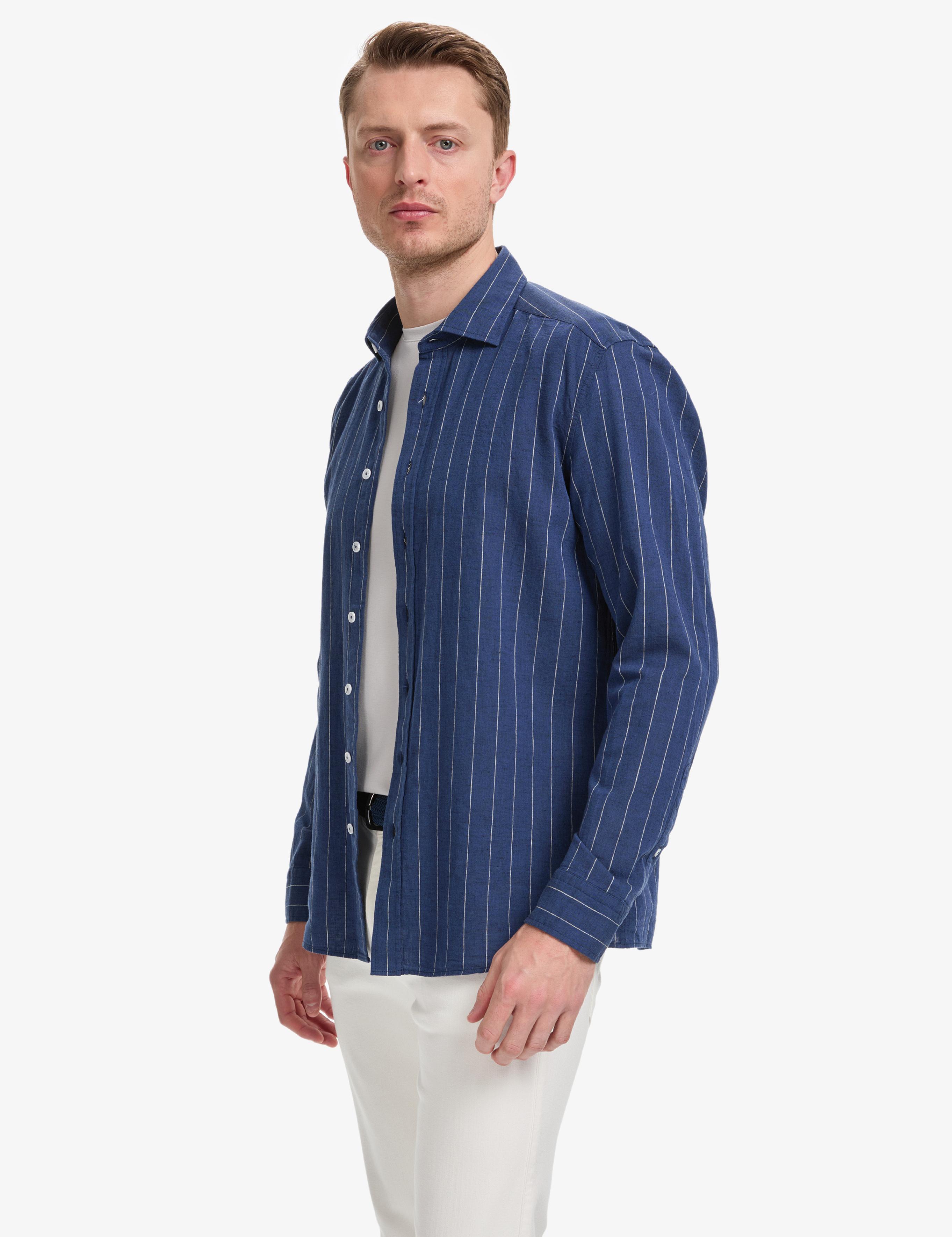 Lacivert Keten Karışımlı Regular Fit Uzun Kollu Gömlek
