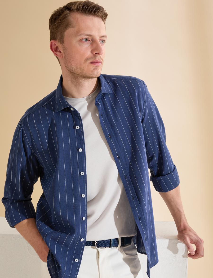 Lacivert Keten Karışımlı Regular Fit Uzun Kollu Gömlek